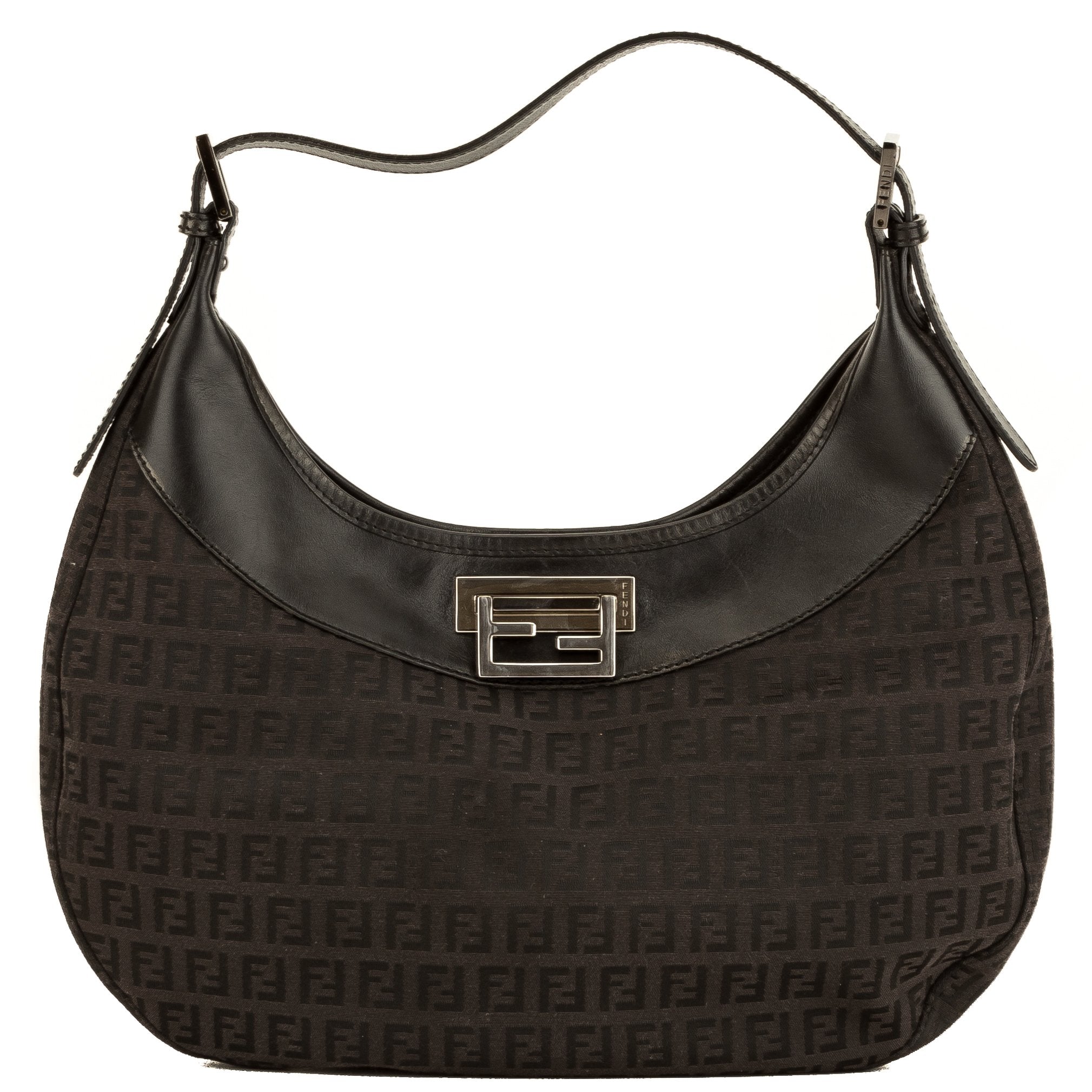 Fendi Black Leather Zucca Canvas Hobo Bag (4092011)