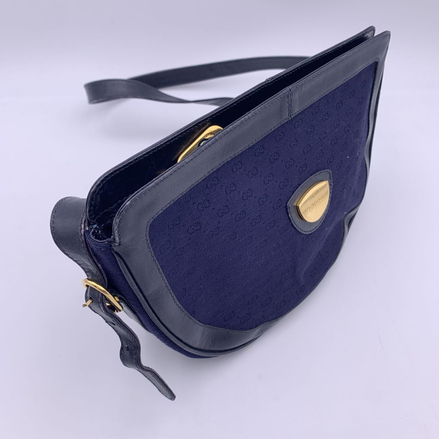 Gucci Vintage Blue Monogram Canvas Leather Shoulder Bag