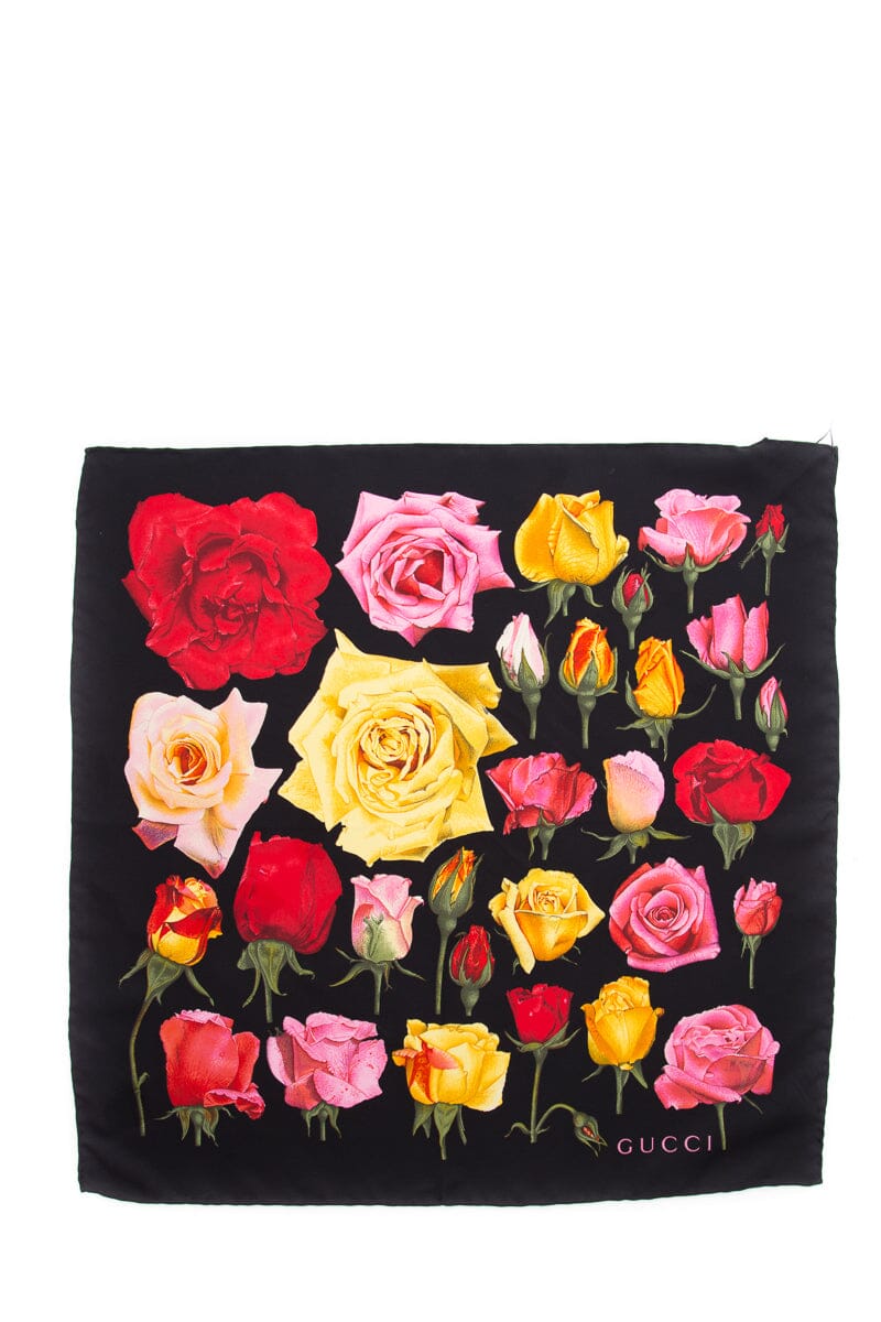 Gucci Rose Print Black Silk Scarf