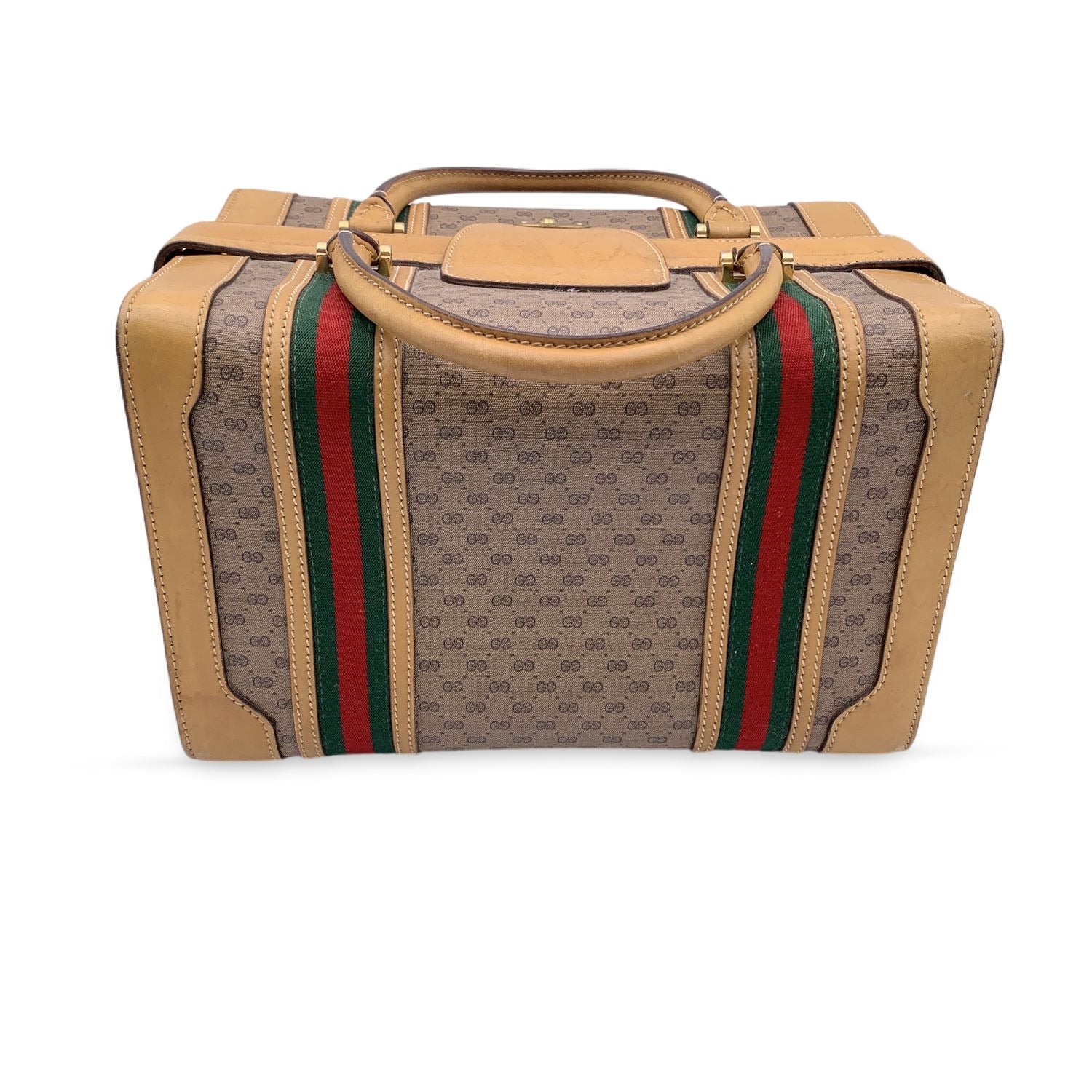Gucci Vintage Beige Monogram Canvas Train Case Bag with Stripes