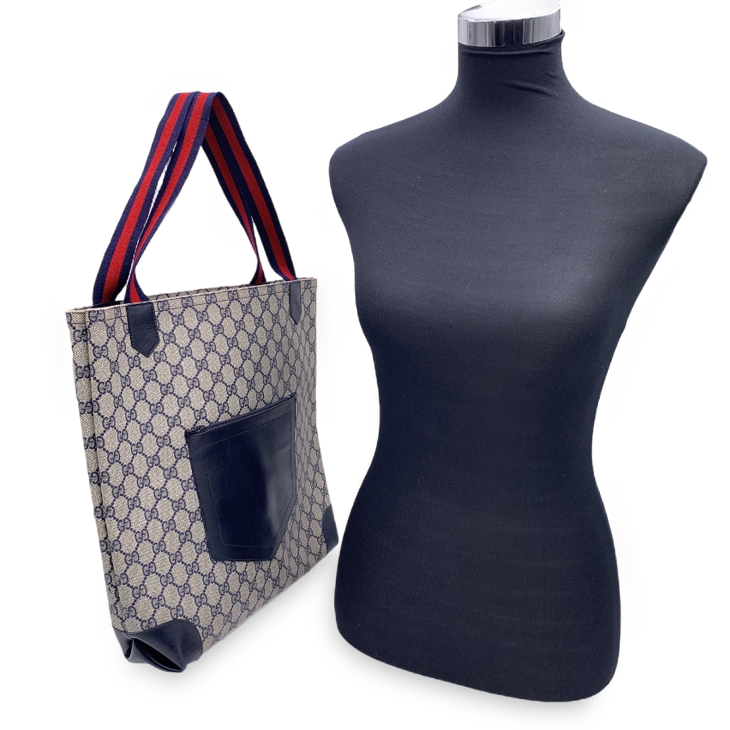 Gucci Vintage Blue Monogram Canvas Front Pocket Shopping Bag