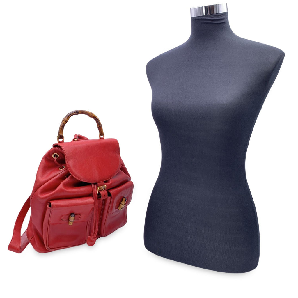 Gucci Vintage Red Leather Bamboo Backpack Shoulder Bag
