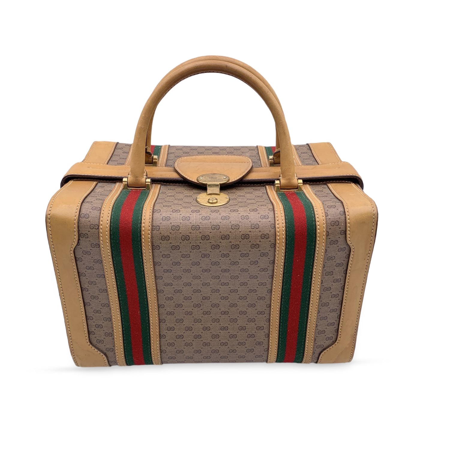 Gucci Vintage Beige Monogram Canvas Train Case Bag with Stripes