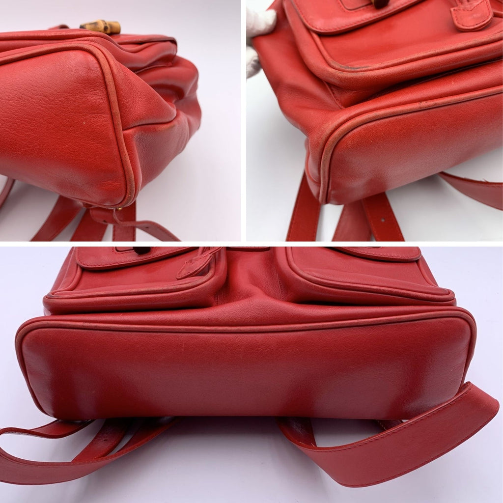 Gucci Vintage Red Leather Bamboo Backpack Shoulder Bag