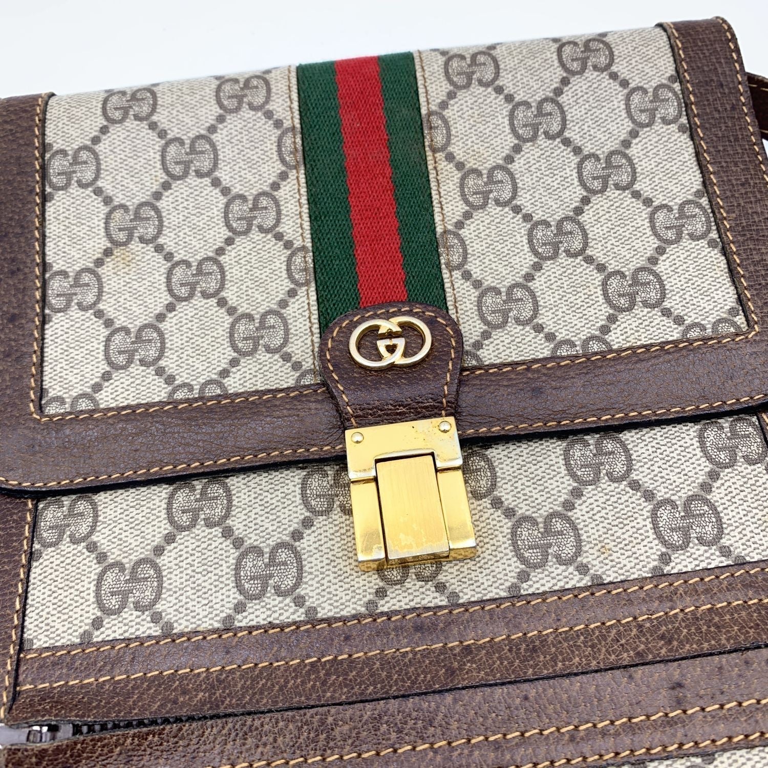 Gucci Vintage Monogram Canvas Vertical Shoulder Bag with Stripes