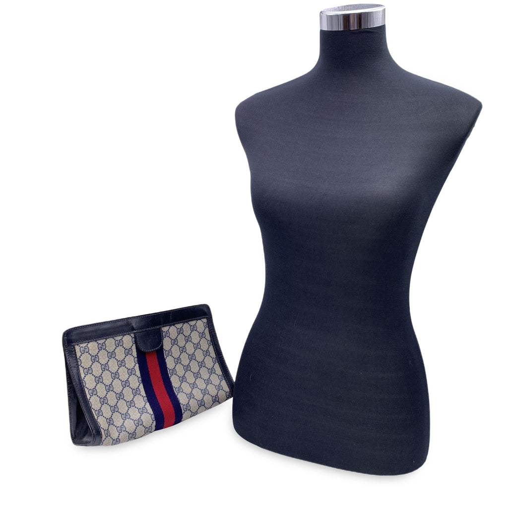 Gucci Vintage Blue Monogram Canvas Cosmetic Bag Clutch Stripes