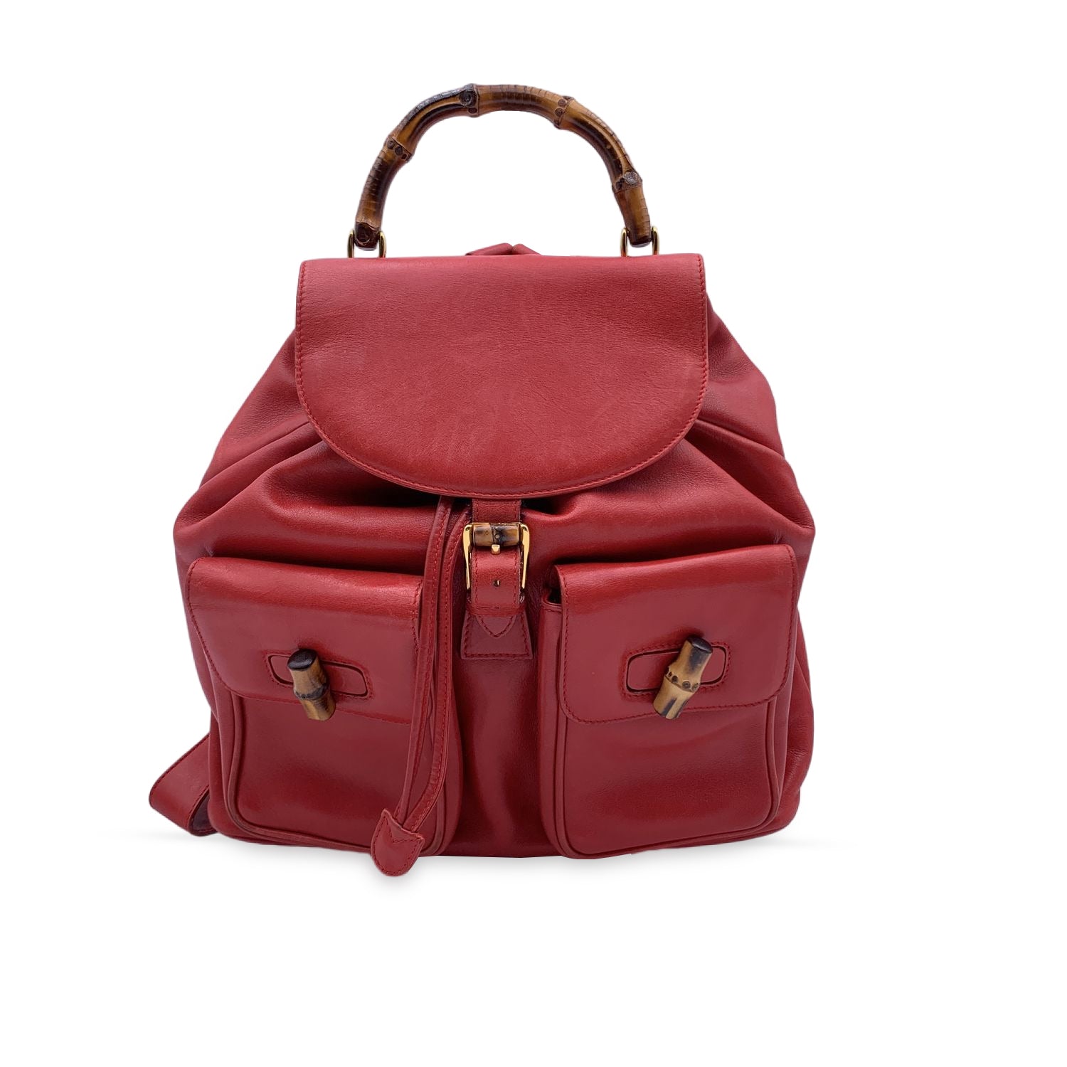 Gucci Vintage Red Leather Bamboo Backpack Shoulder Bag