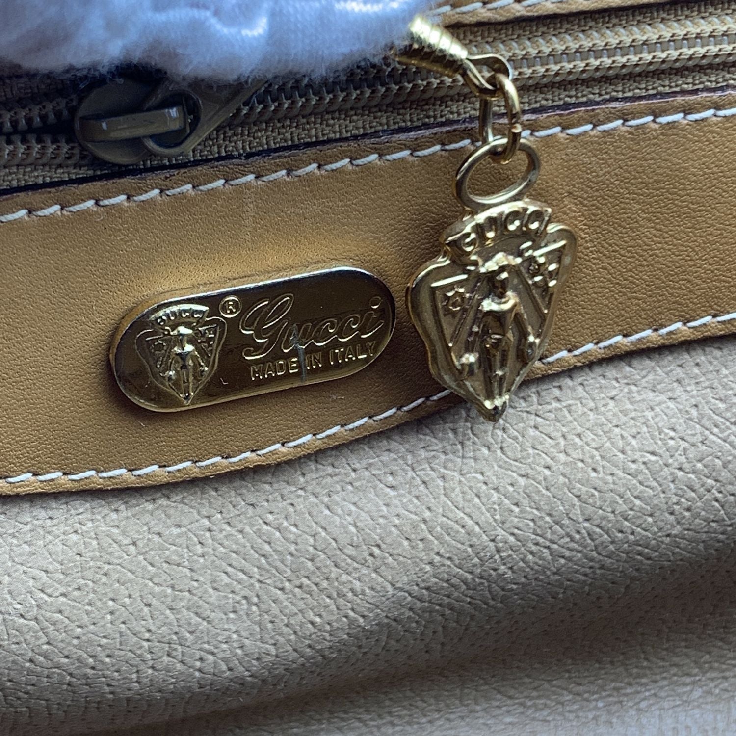 Gucci Vintage Beige Monogram Canvas Train Case Bag with Stripes