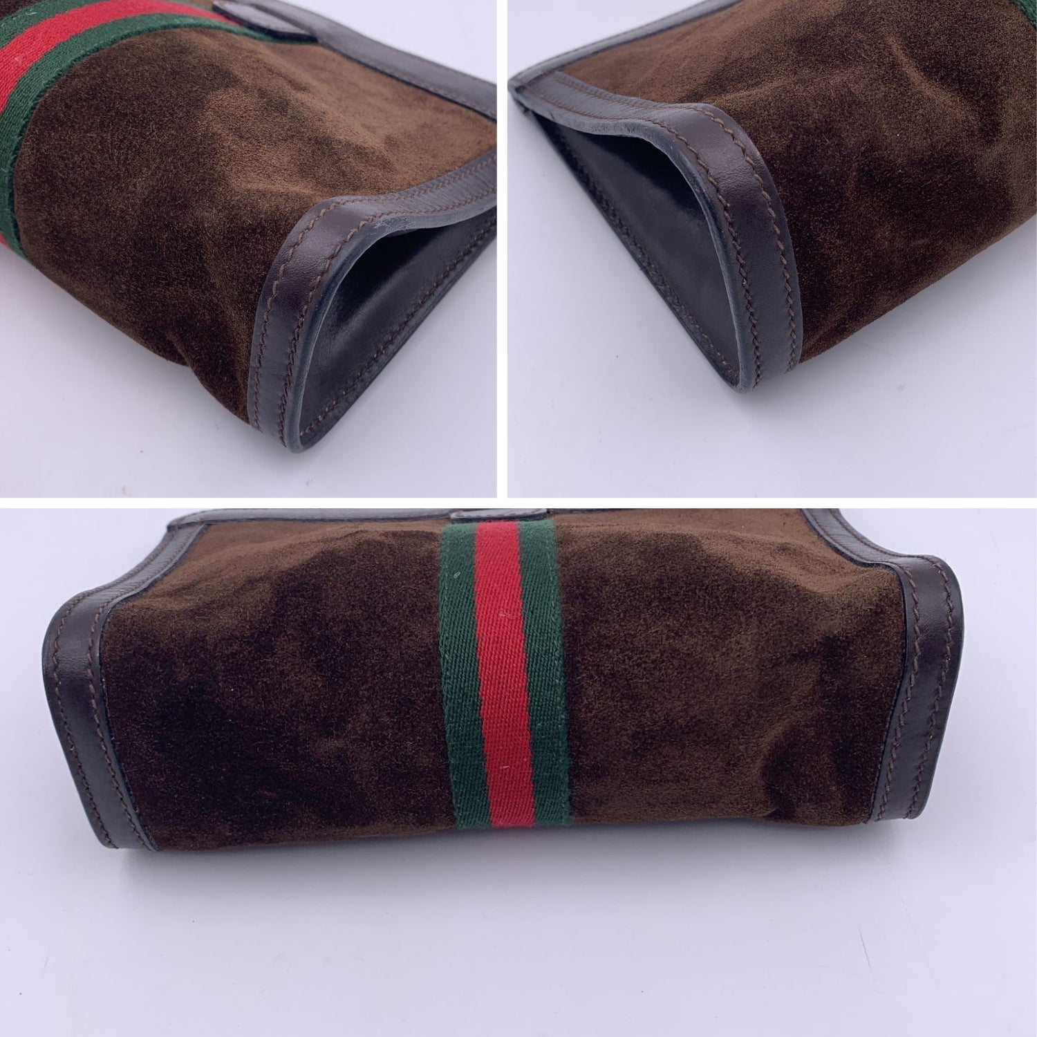 Gucci Vintage Brown Suede Cosmetic Bag Clutch Web with Stripes