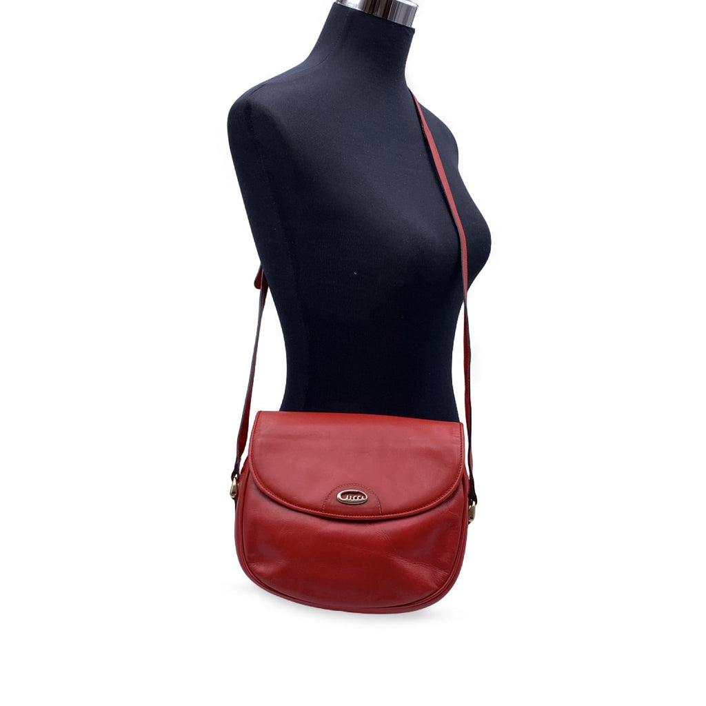Gucci Vintage Red Leather Flap Crossbody Messenger Bag