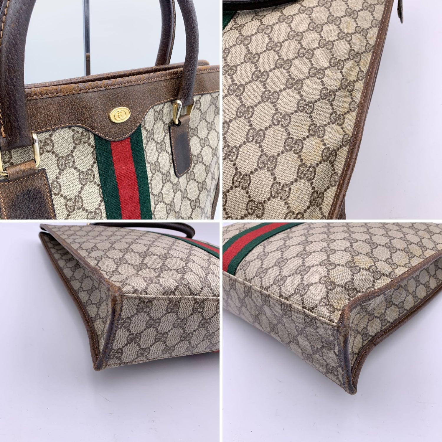 Gucci Vintage Brown Monogram Shopping Bag Tote with Stripes