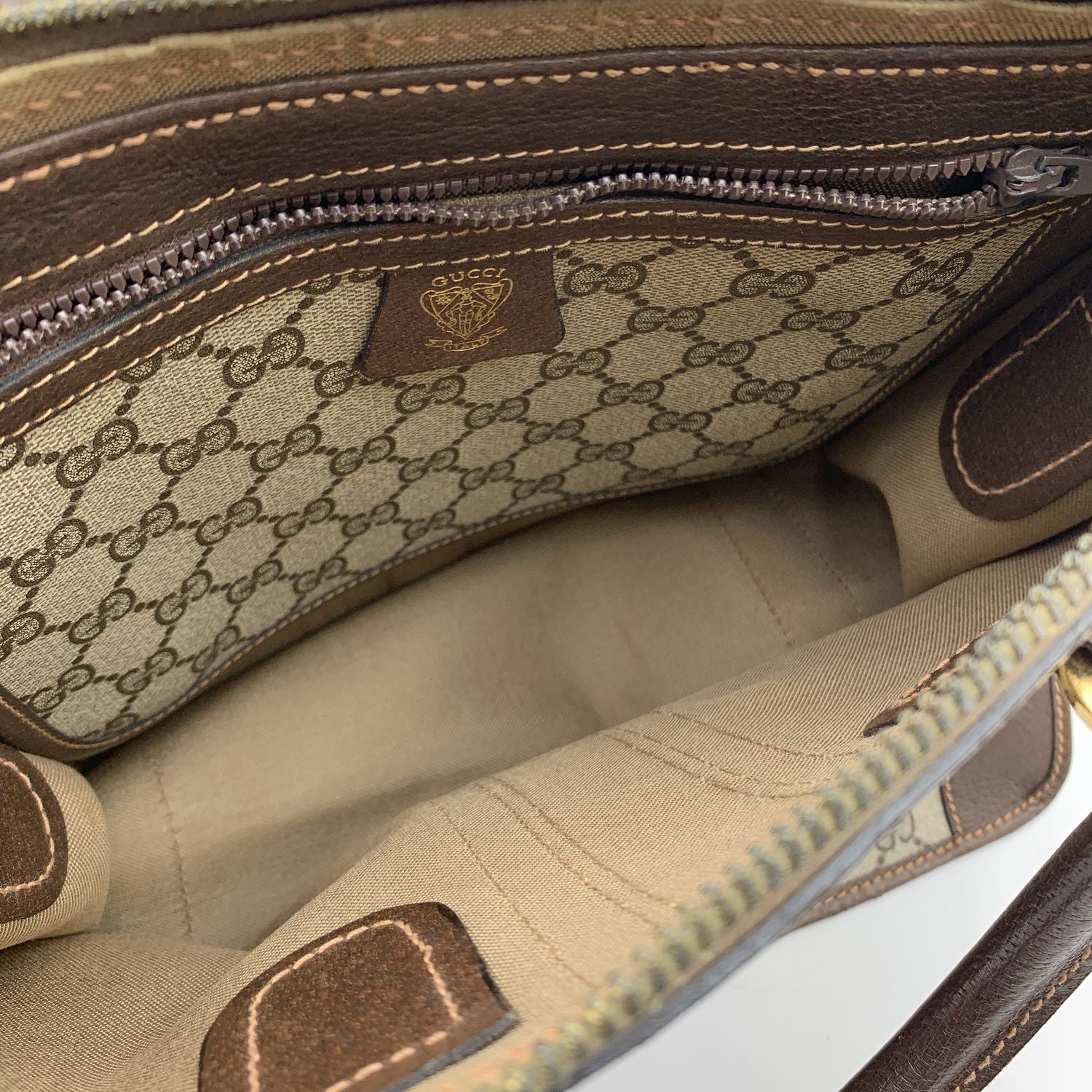 Gucci Vintage Brown Monogram Canvas Satchel Bag with Stripes