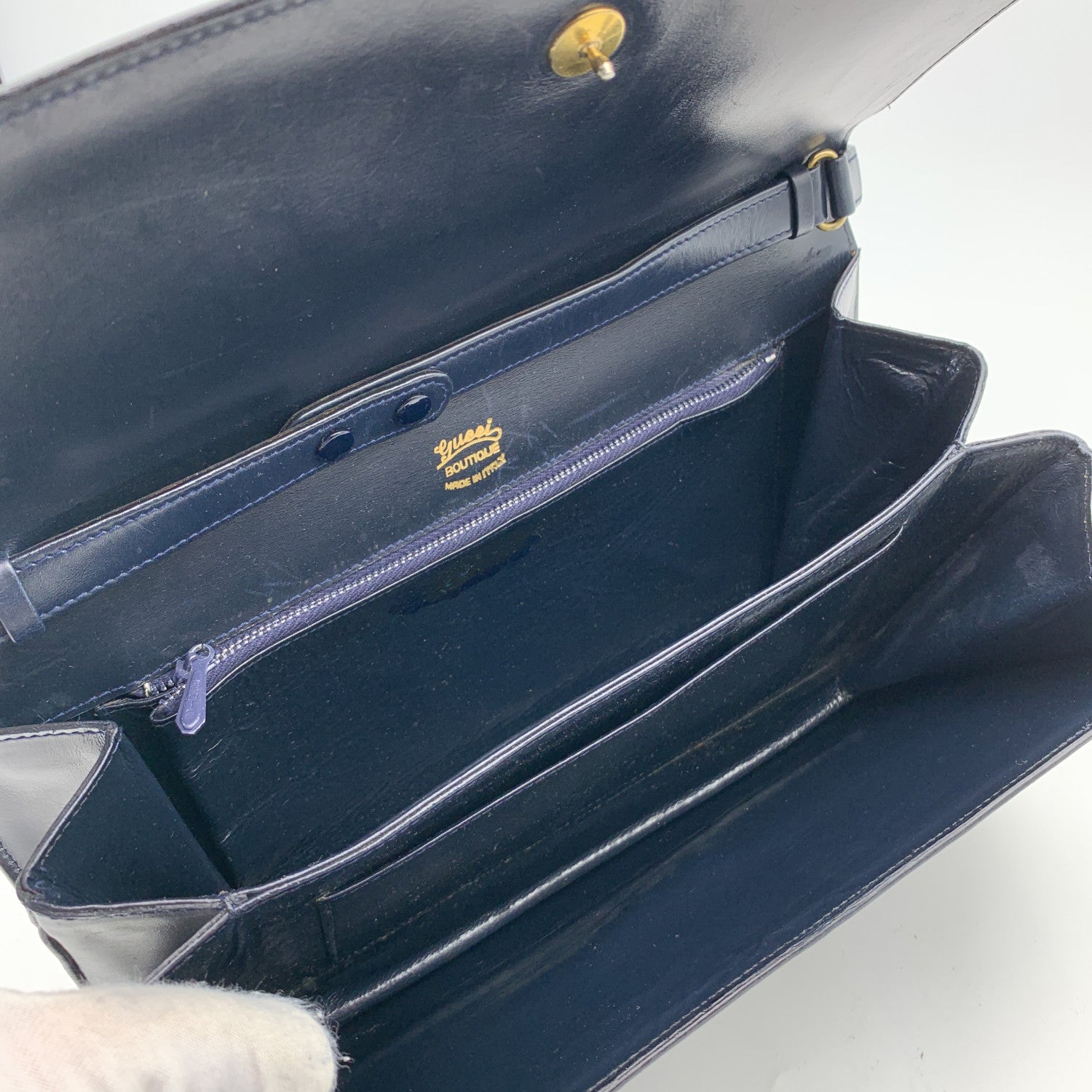 Gucci Vintage Navy Blue Leather East West Shoulder Bag