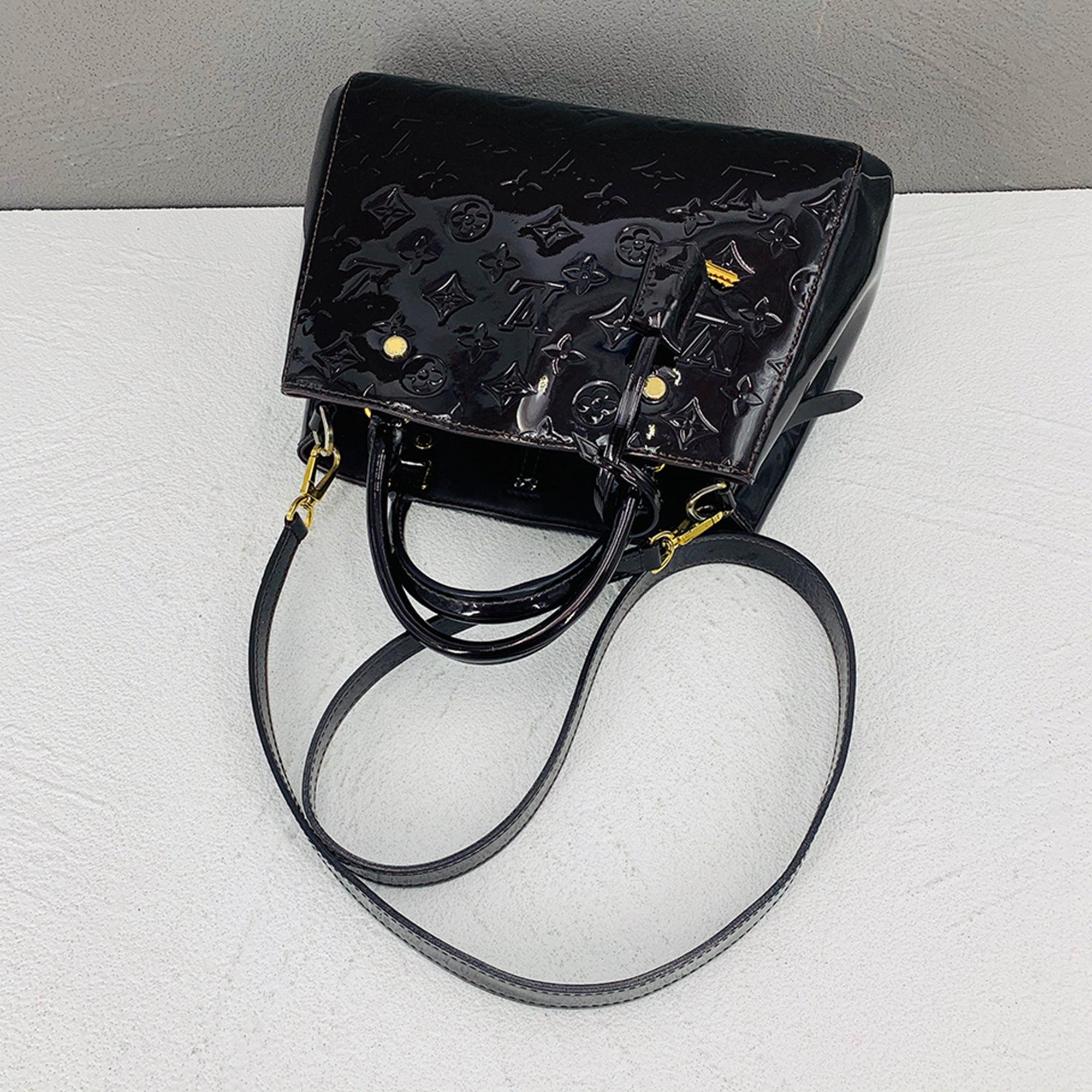 Louis Vuitton Black Patent leather Montaigne handbag bag