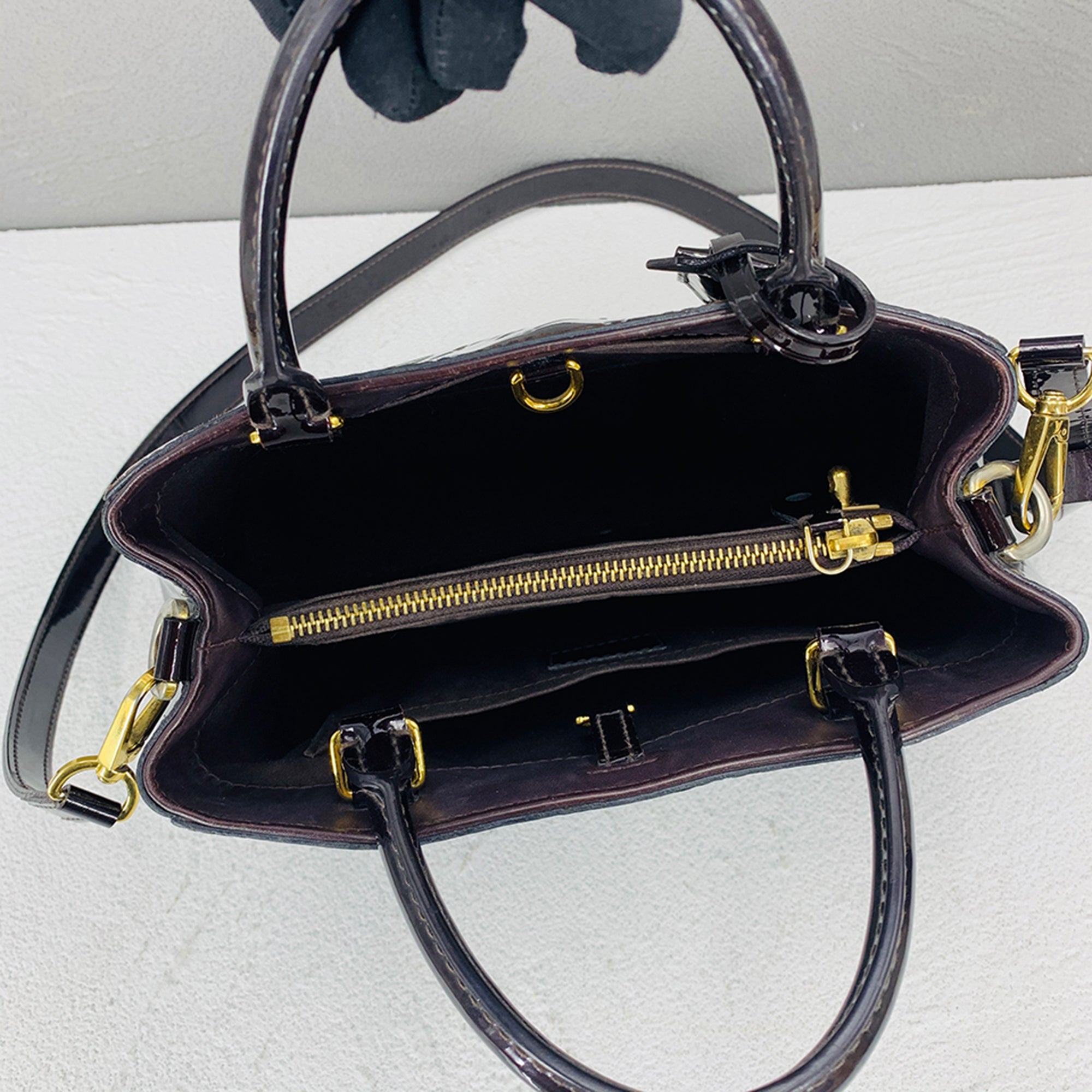 Louis Vuitton Black Patent leather Montaigne handbag bag