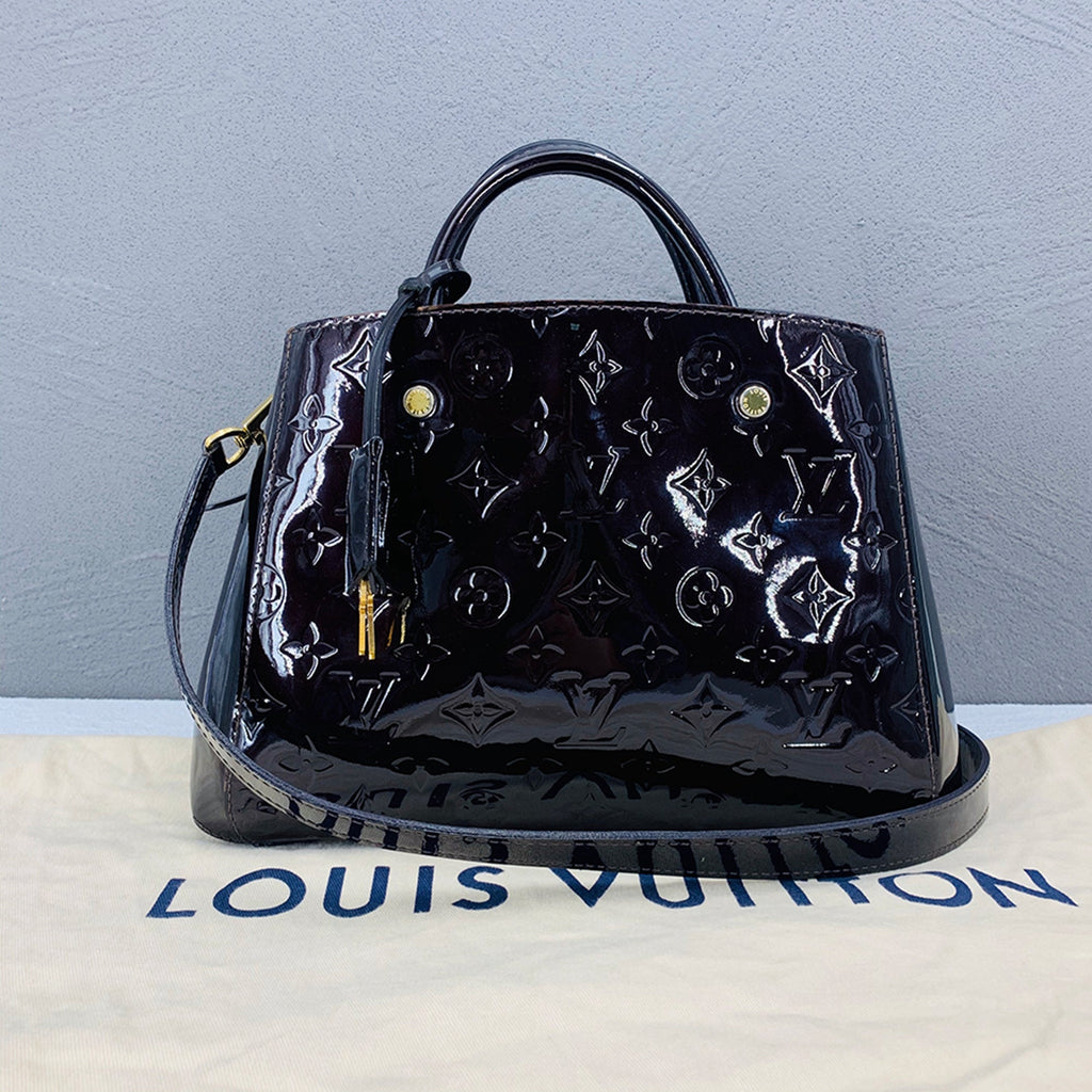 Louis Vuitton Black Patent leather Montaigne handbag bag