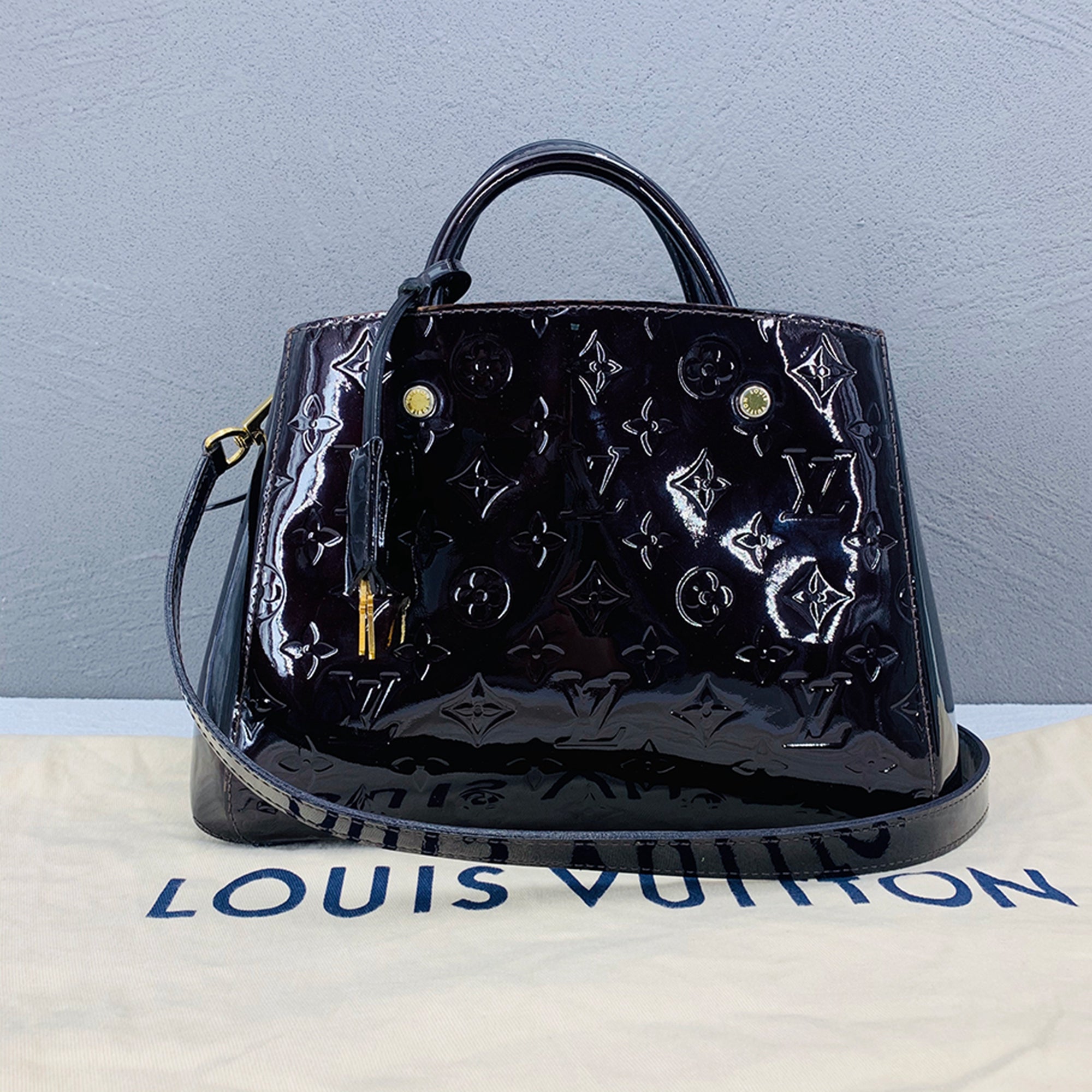 Louis Vuitton Black Patent leather Montaigne handbag bag