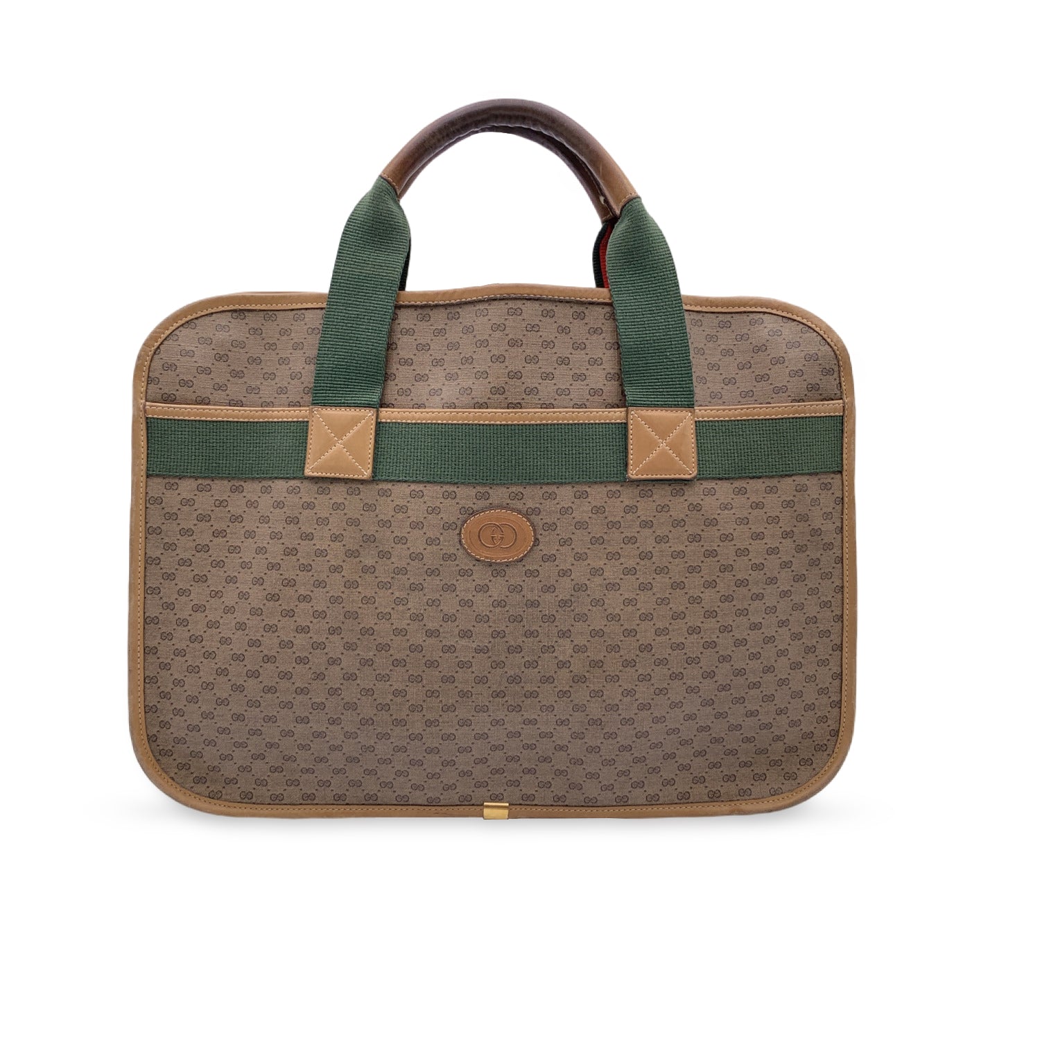 Gucci Vintage Beige Monogram Canvas Web Briefcase Handbag