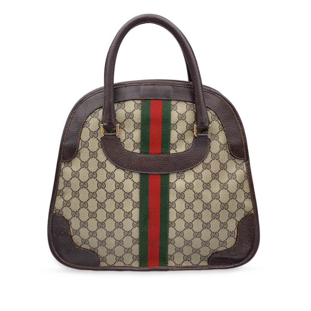 Gucci Vintage Brown Monogram Canvas Satchel Handbag with Stripes