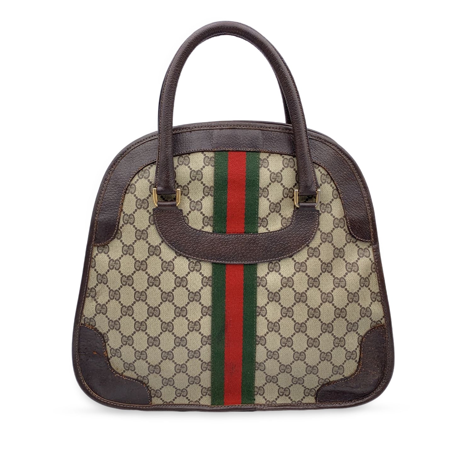 Gucci Vintage Brown Monogram Canvas Satchel Handbag with Stripes