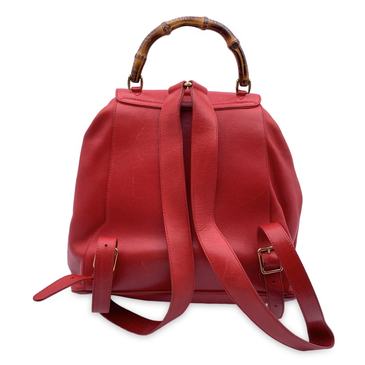 Gucci Vintage Red Leather Bamboo Backpack Shoulder Bag