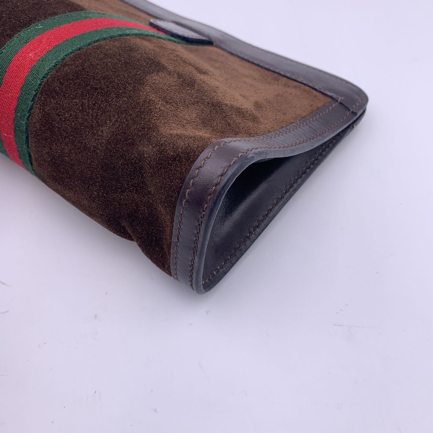 Gucci Vintage Brown Suede Cosmetic Bag Clutch Web with Stripes