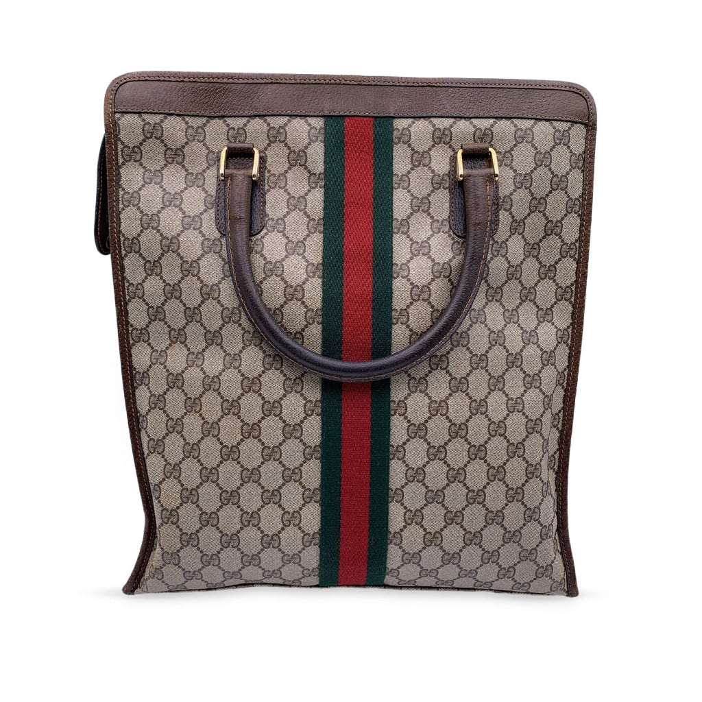 Gucci Vintage Brown Monogram Shopping Bag Tote with Stripes