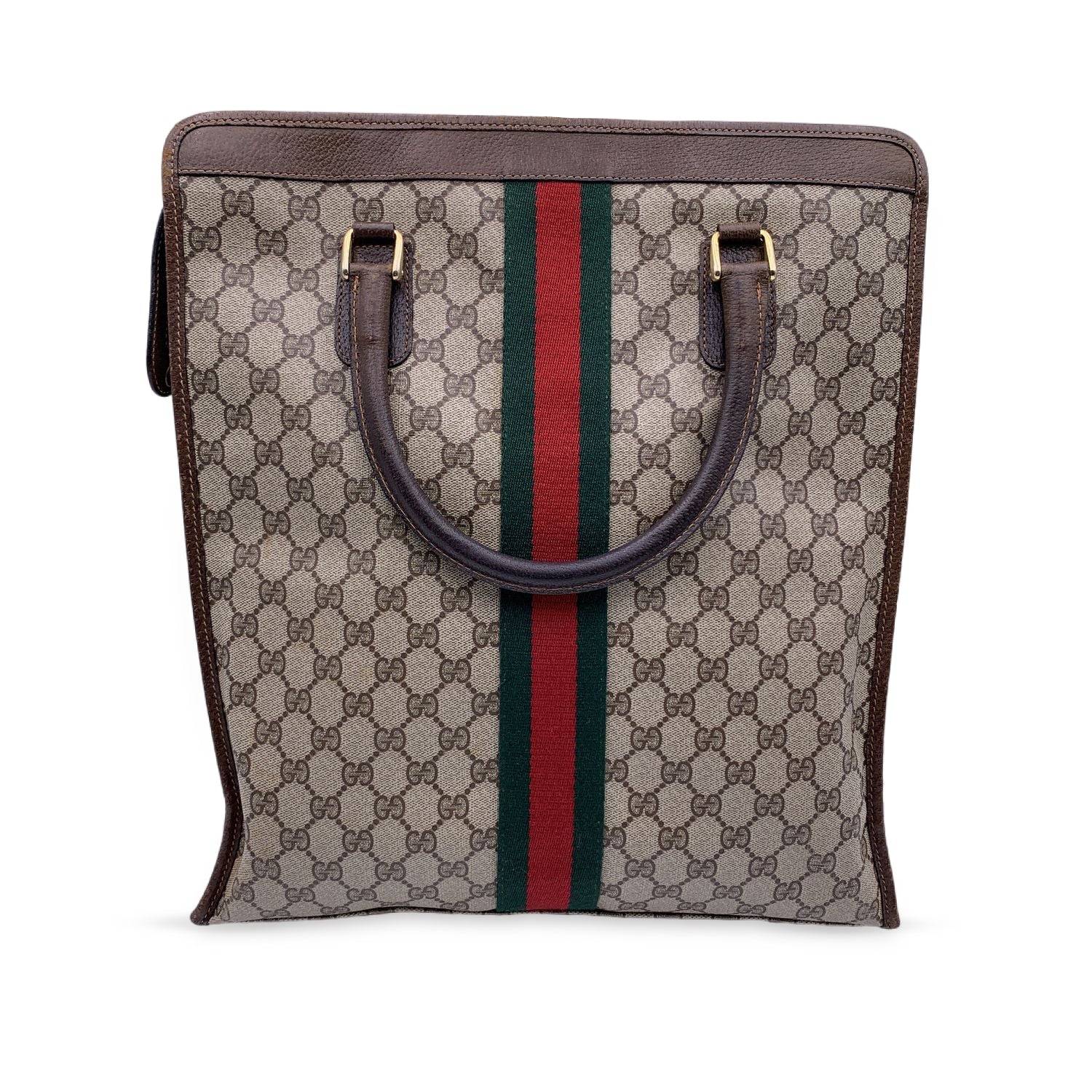 Gucci Vintage Brown Monogram Shopping Bag Tote with Stripes