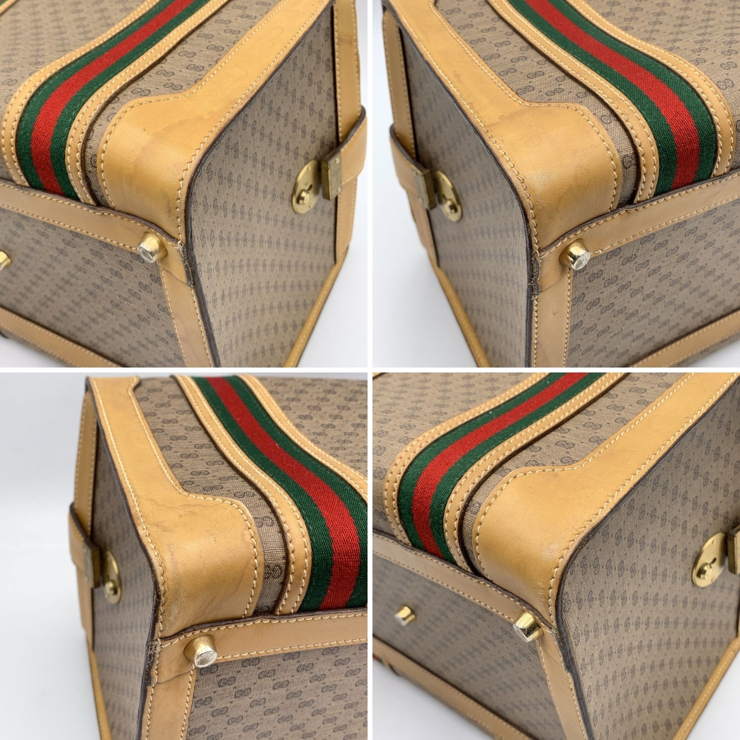 Gucci Vintage Beige Monogram Canvas Train Case Bag with Stripes