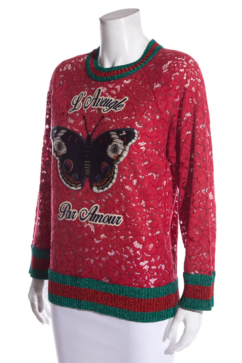 Gucci Red Lace Butterfly Embroidered Top SZ M