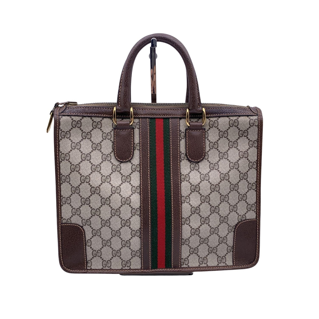 Gucci Vintage Brown Monogram Canvas Satchel Bag with Stripes