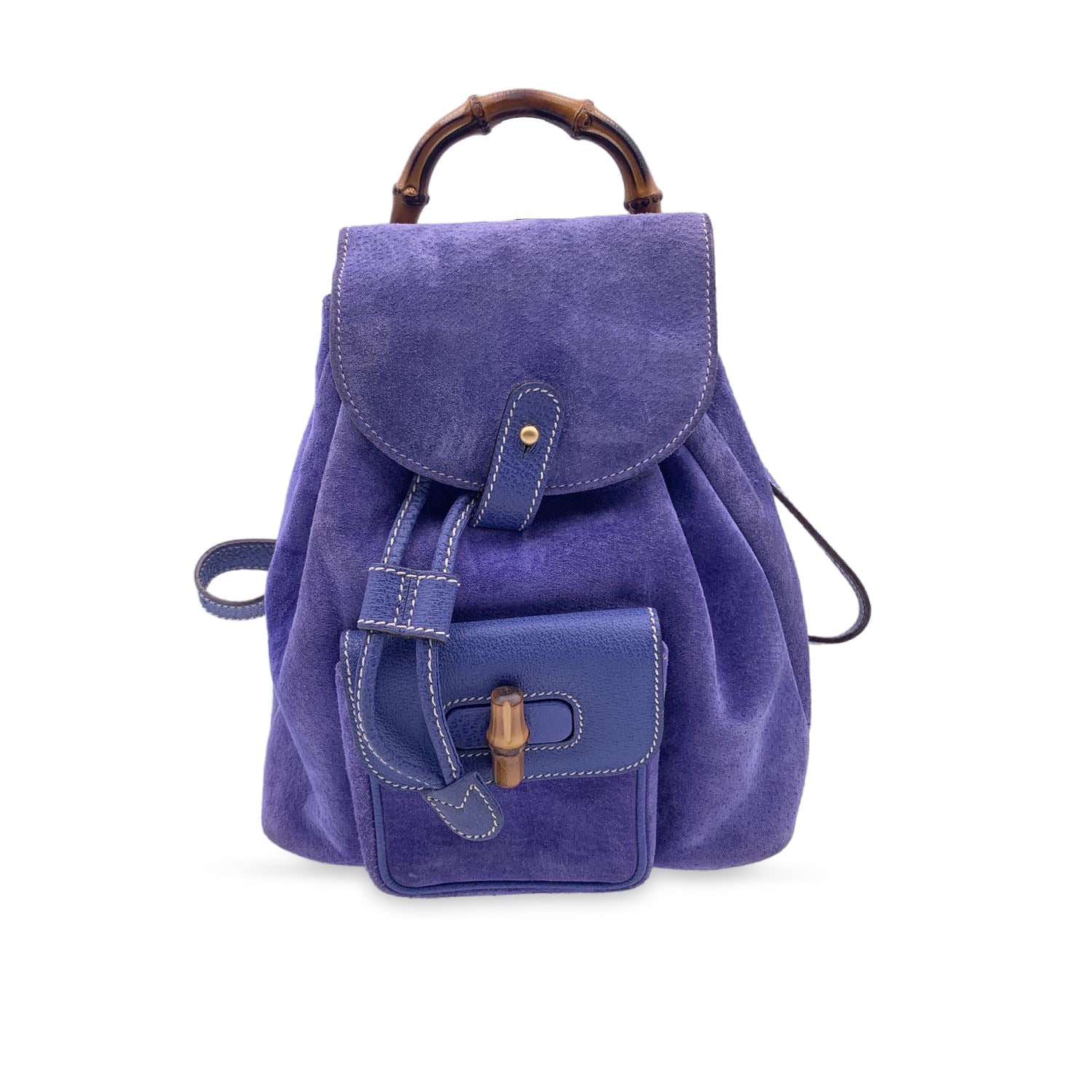 Gucci Vintage Perwinkle Suede Bamboo Small Backpack Shoulder Bag