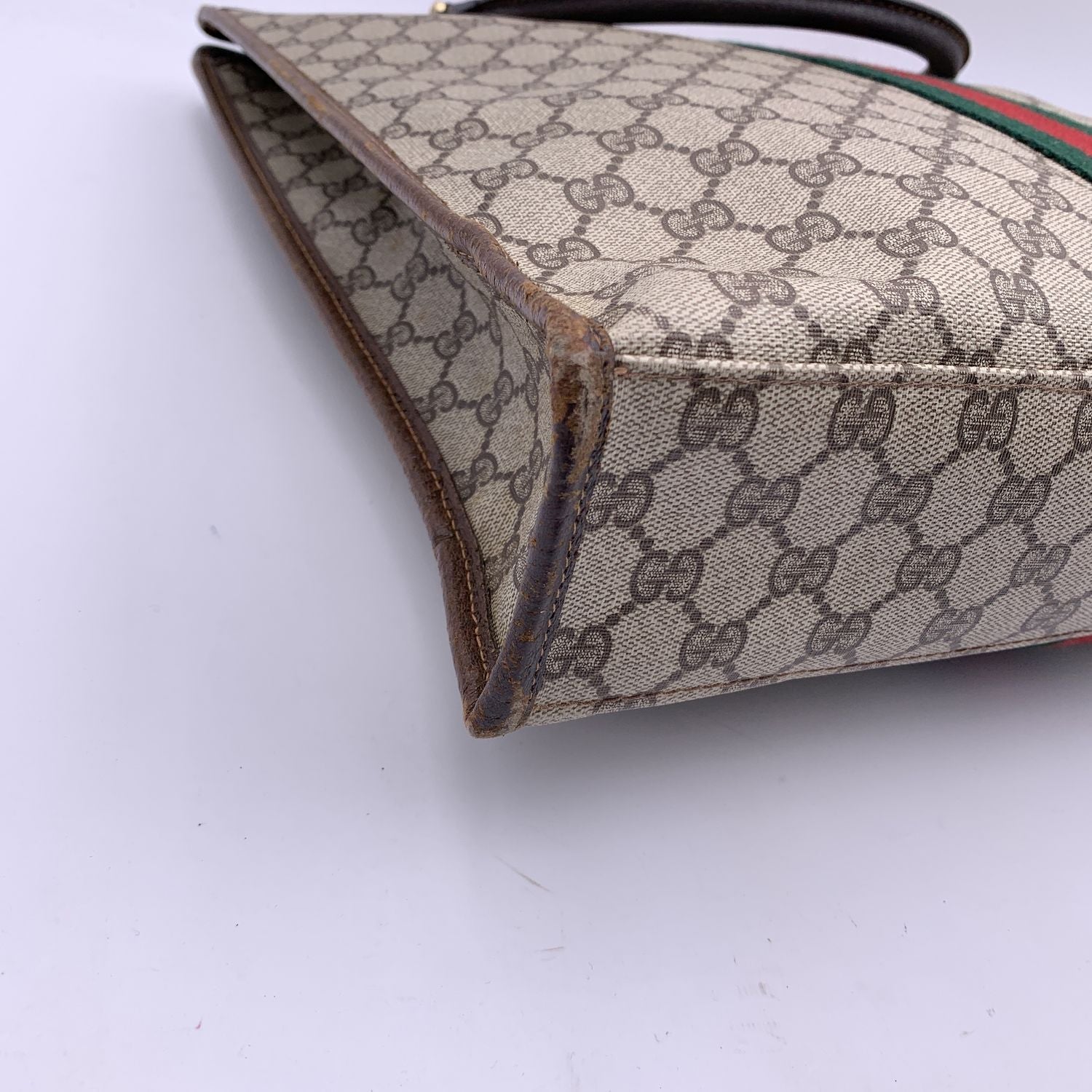 Gucci Vintage Brown Monogram Shopping Bag Tote with Stripes