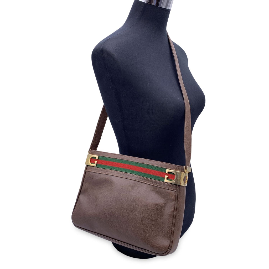 Gucci Vintage Brown Leather Bucket Web Stripes Shoulder Bag