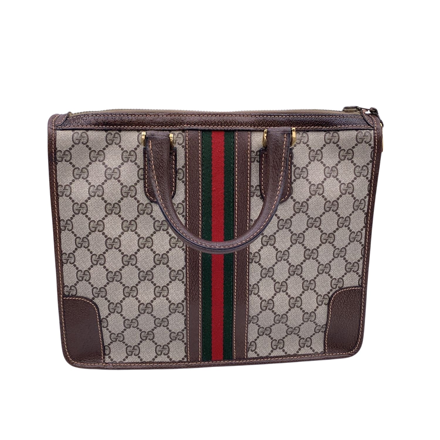 Gucci Vintage Brown Monogram Canvas Satchel Bag with Stripes