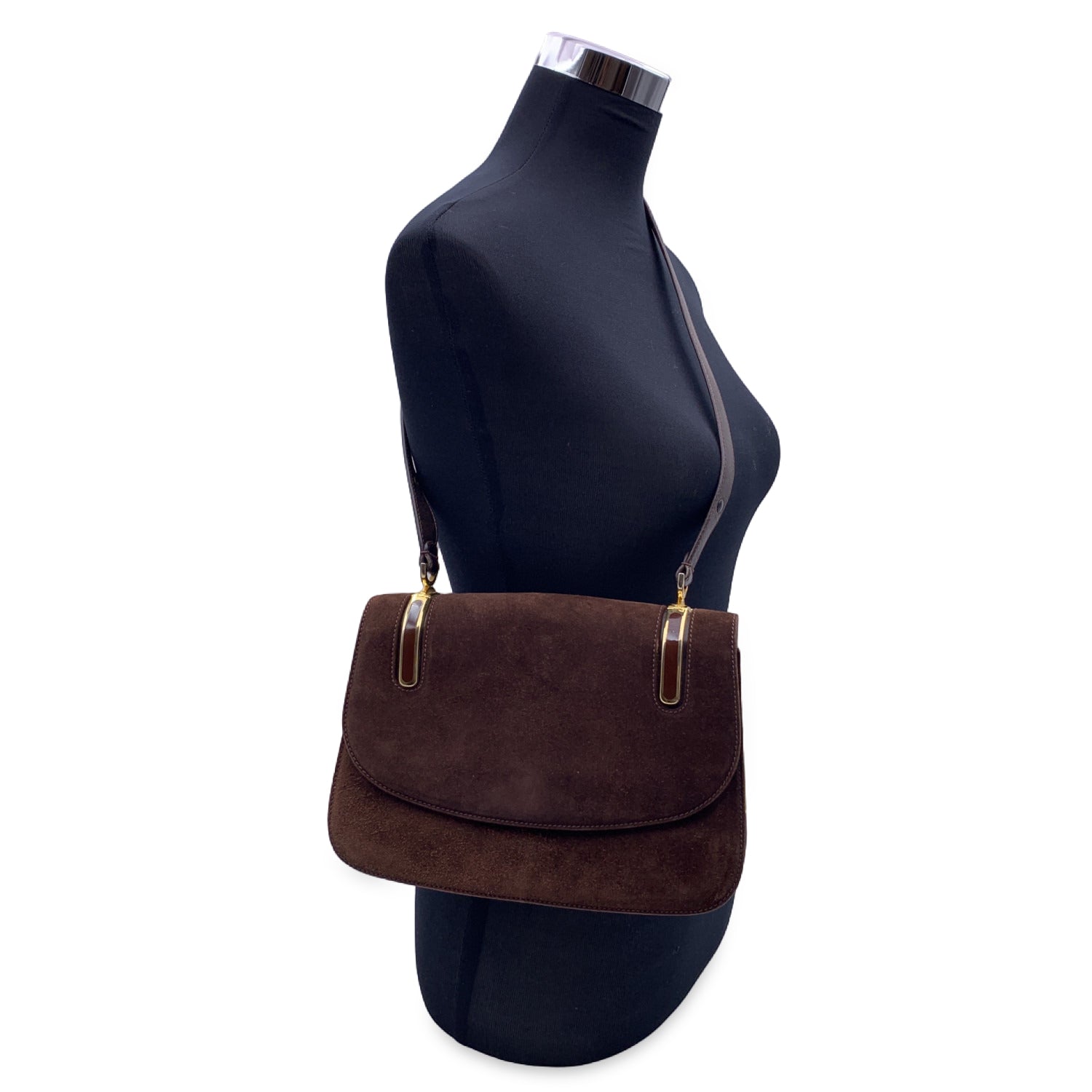 Gucci Vintage Brown Suede Flap Shoulder Bag with Enamel