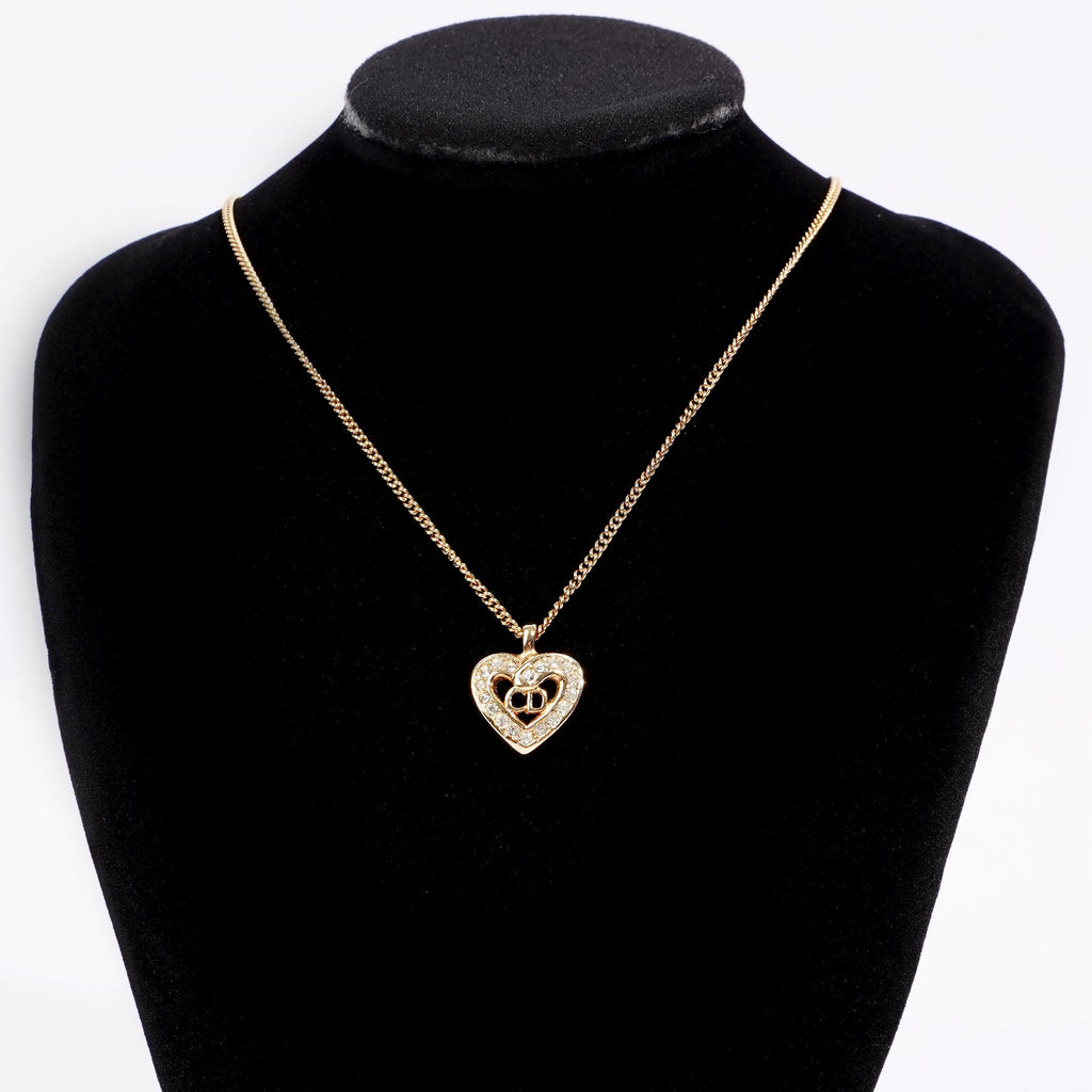 Christian Dior Heart Motif Necklace Gold Rhinestone