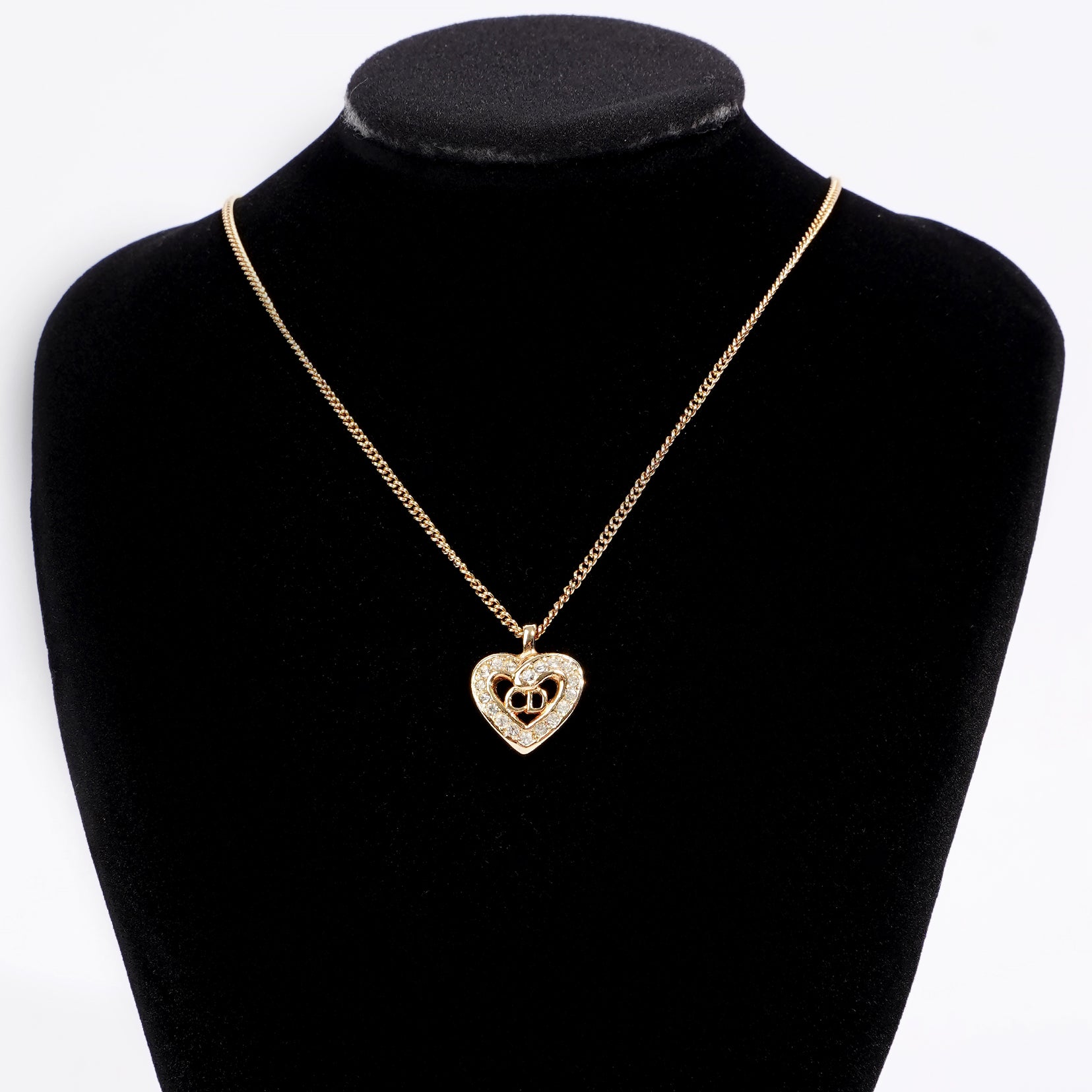Christian Dior Heart Motif Necklace Gold Rhinestone