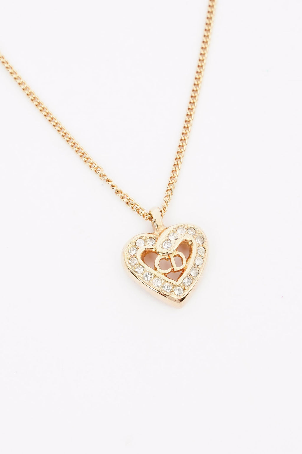 Christian Dior Heart Motif Necklace Gold Rhinestone