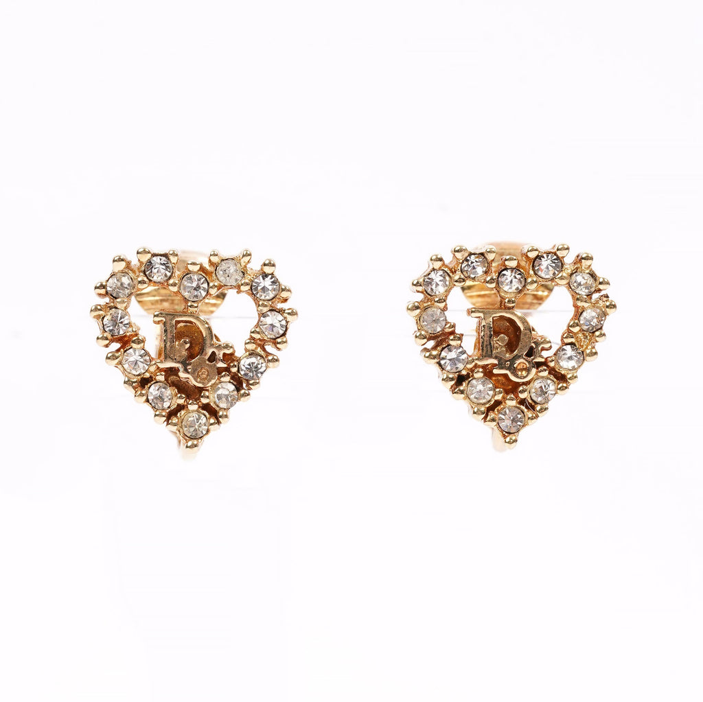 Christian Dior Heart Motif Earrings Gold Rhinestone