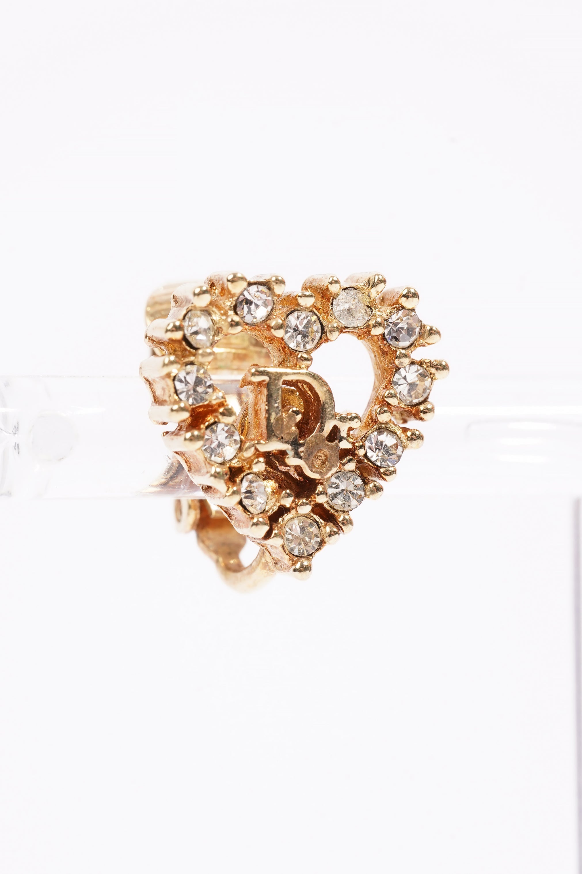 Christian Dior Heart Motif Earrings Gold Rhinestone