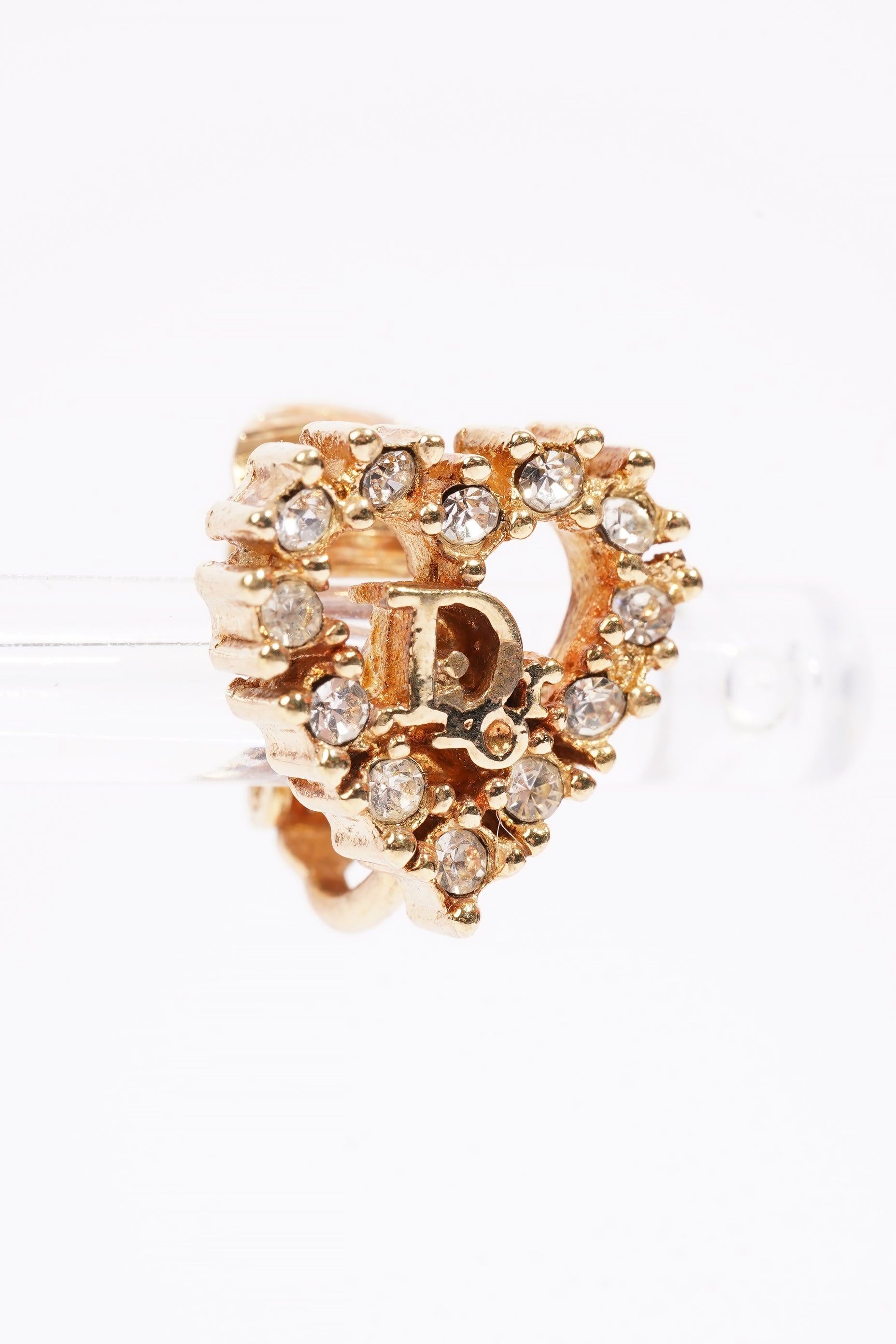 Christian Dior Heart Motif Earrings Gold Rhinestone