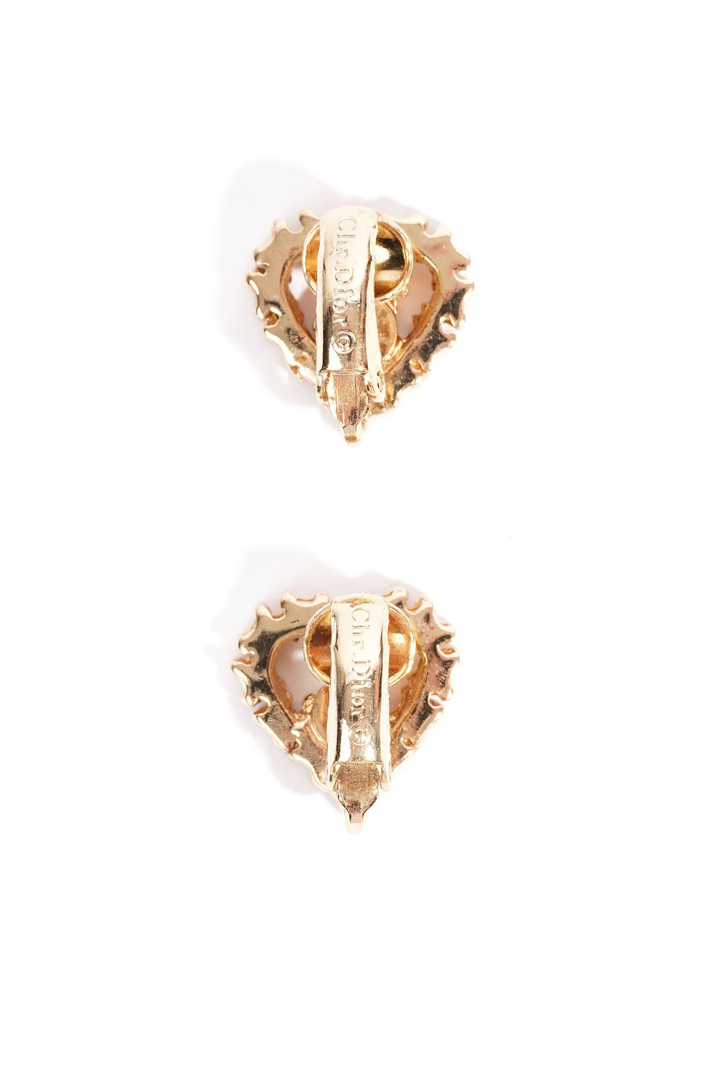 Christian Dior Heart Motif Earrings Gold Rhinestone