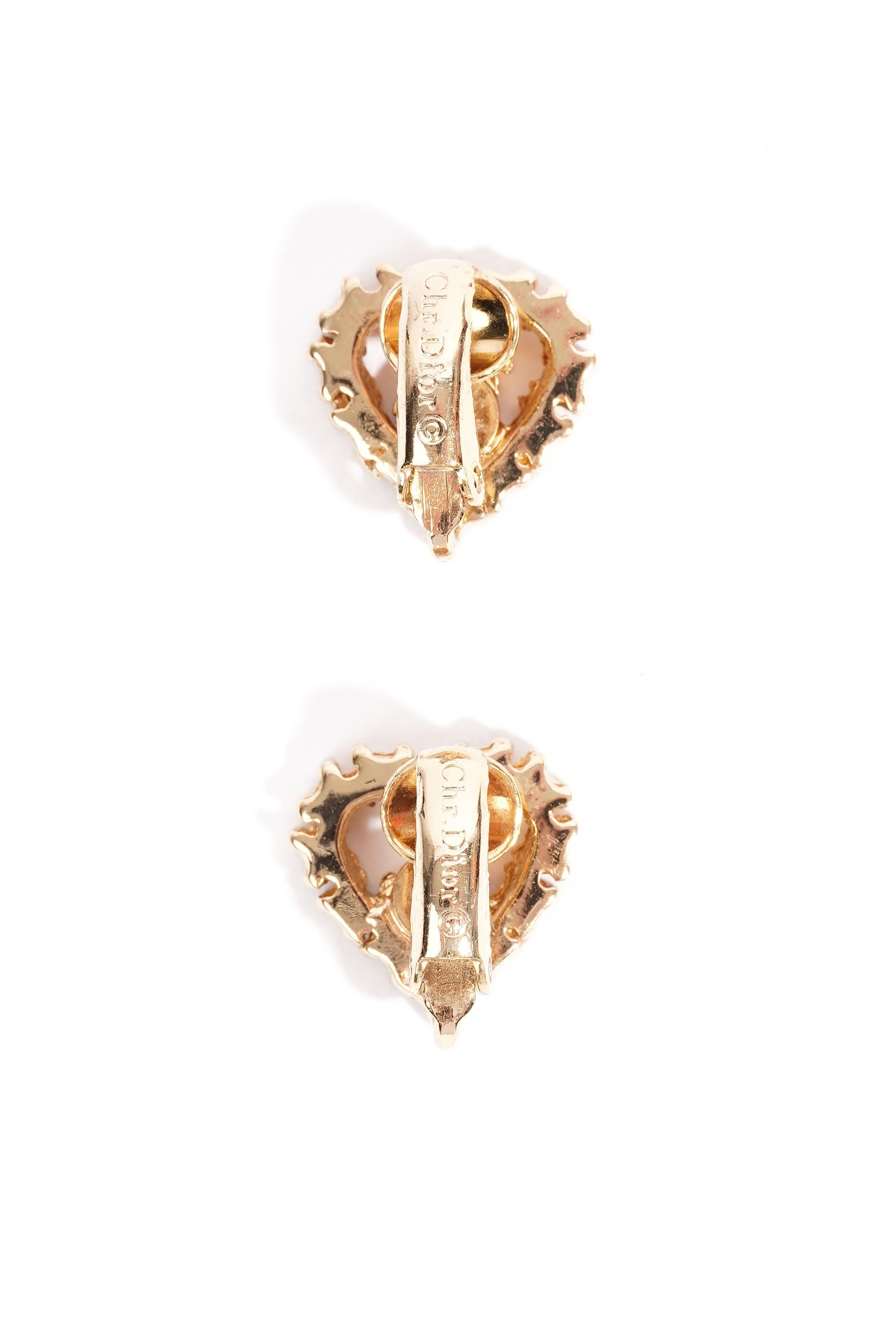 Christian Dior Heart Motif Earrings Gold Rhinestone