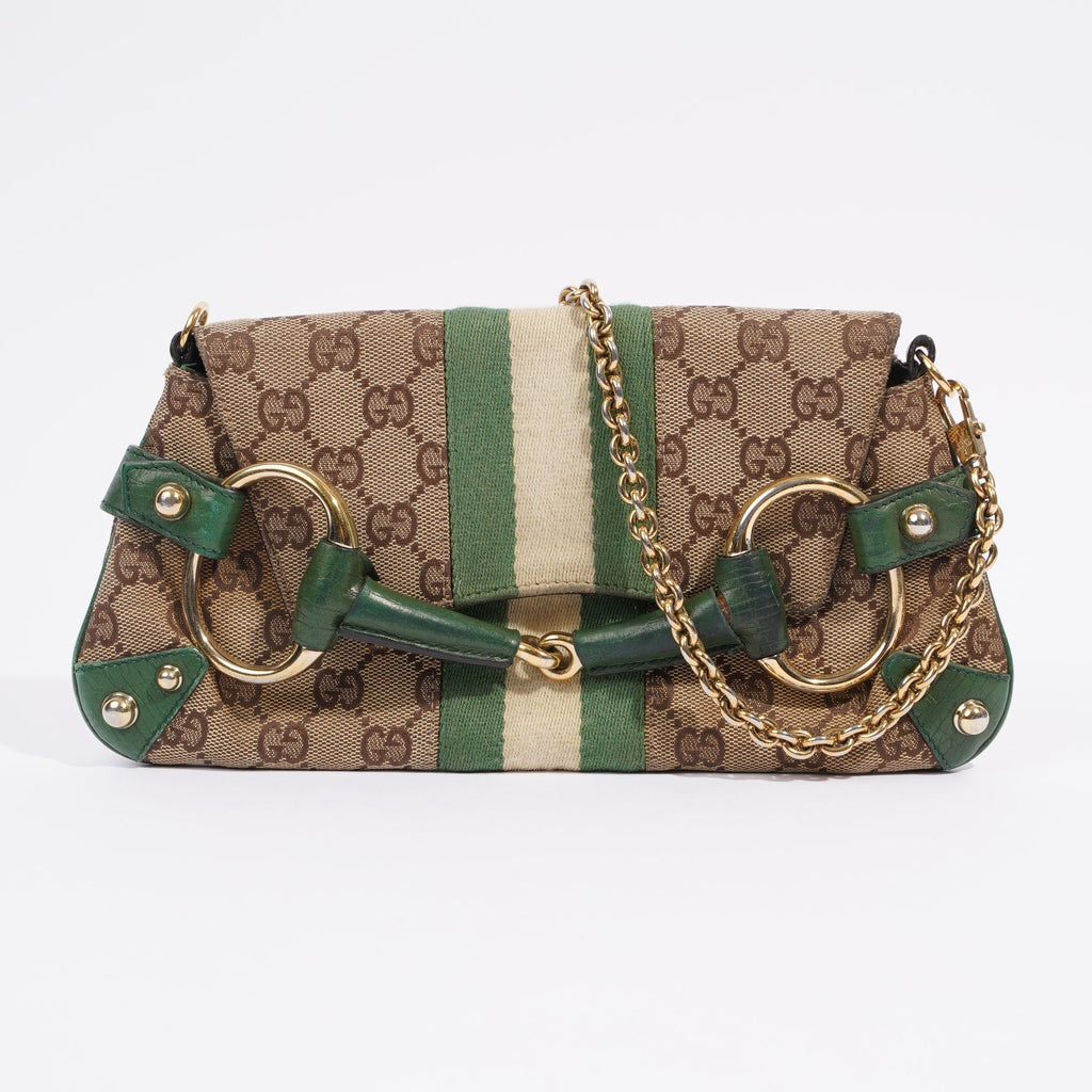 Gucci GG Horsebit Chain Wallet GG Supreme / Green / White Coated Canvas