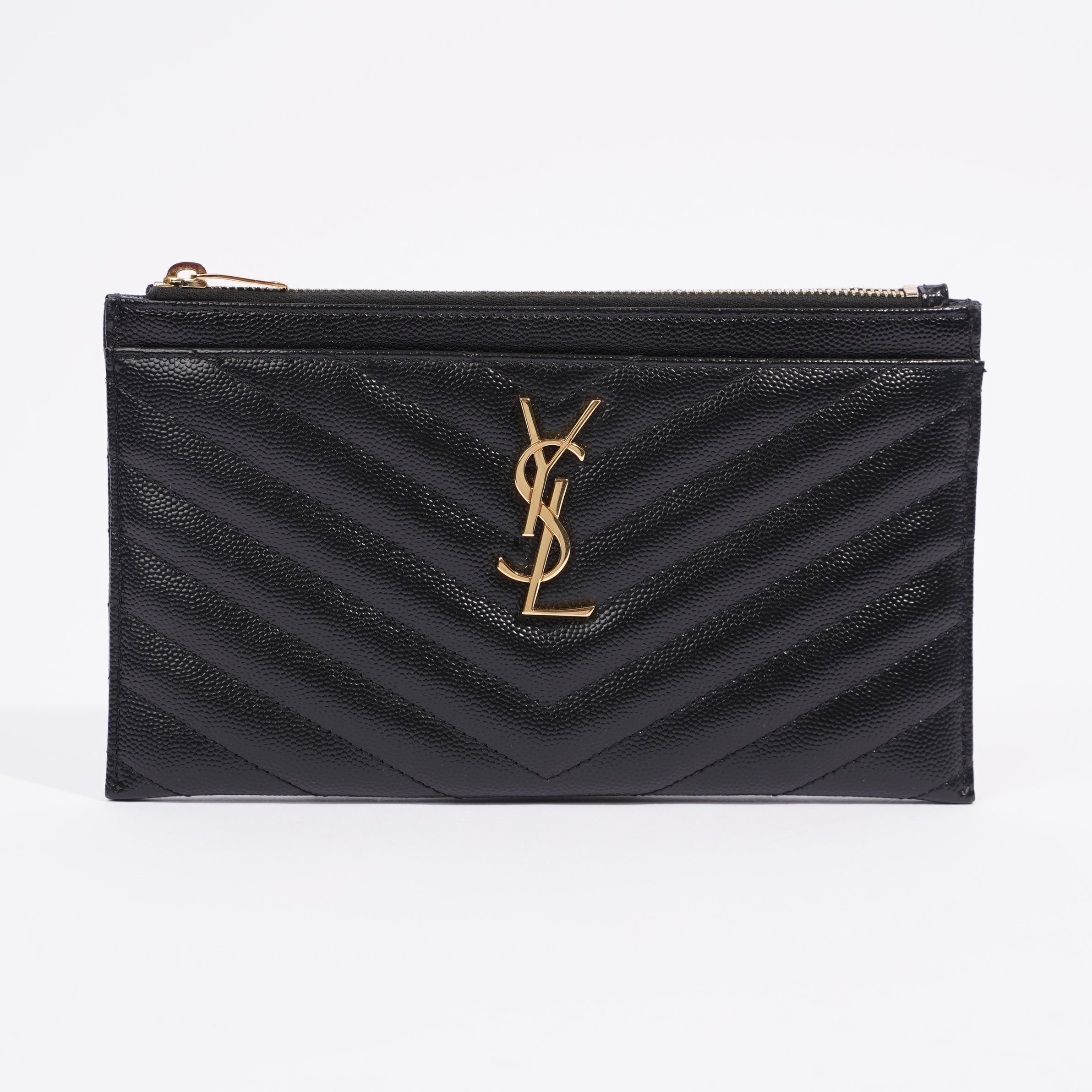 Saint Laurent Cassandre Matelasse Zipped Pouch Black Grained Leather