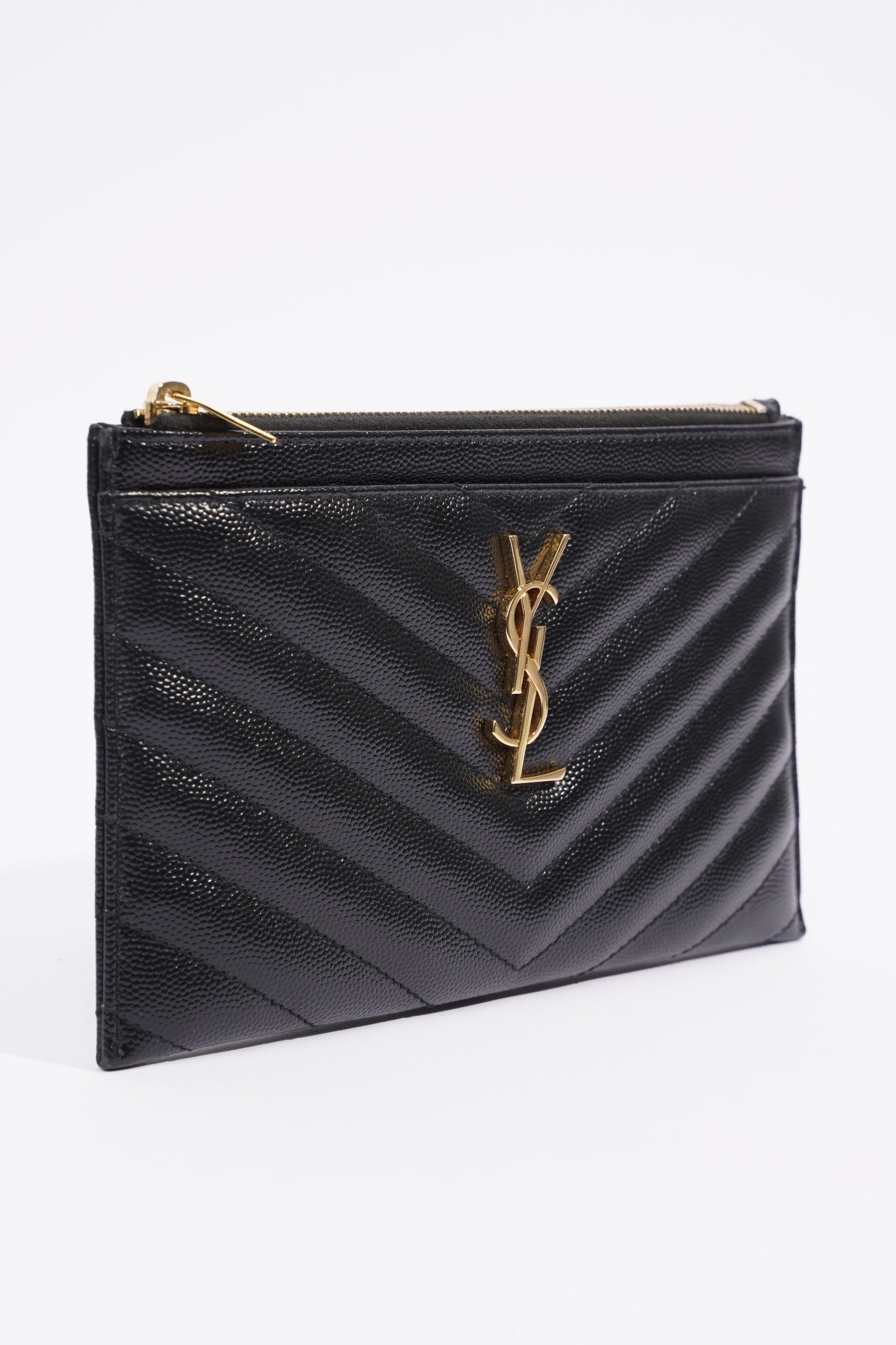 Saint Laurent Cassandre Matelasse Zipped Pouch Black Grained Leather