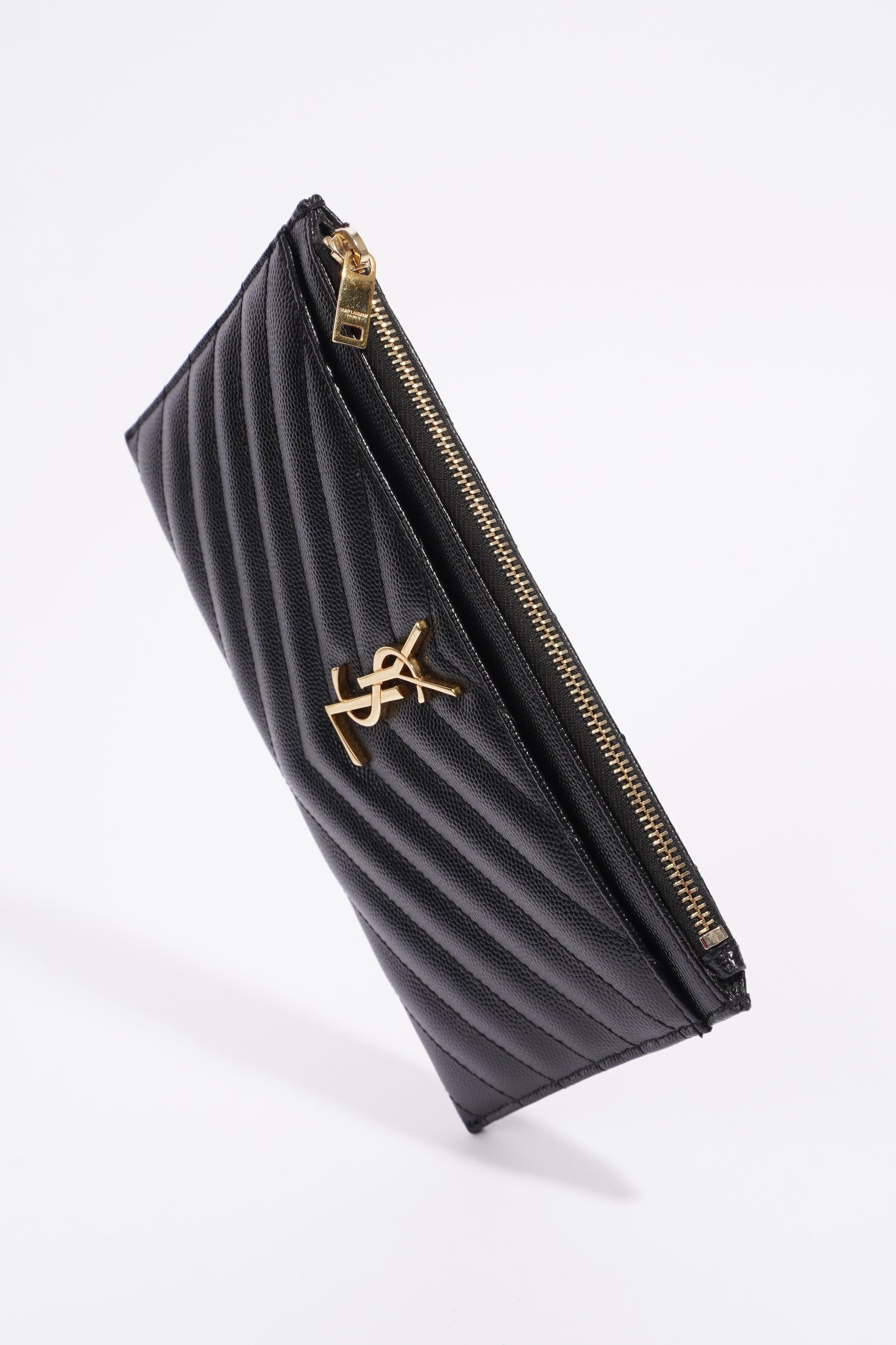 Saint Laurent Cassandre Matelasse Zipped Pouch Black Grained Leather