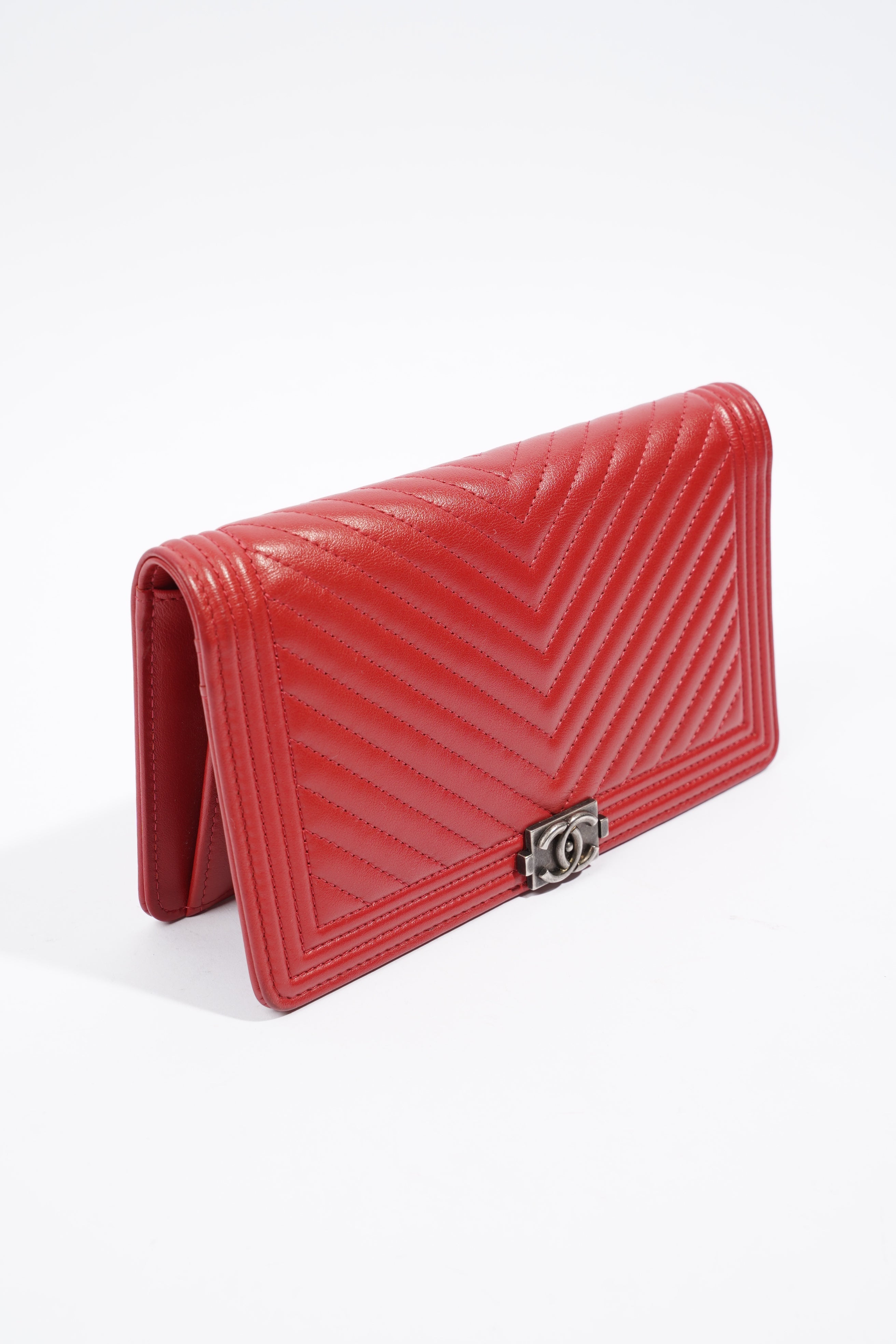 Chanel Quilted Boy Yen Wallet Red Lambskin Leather