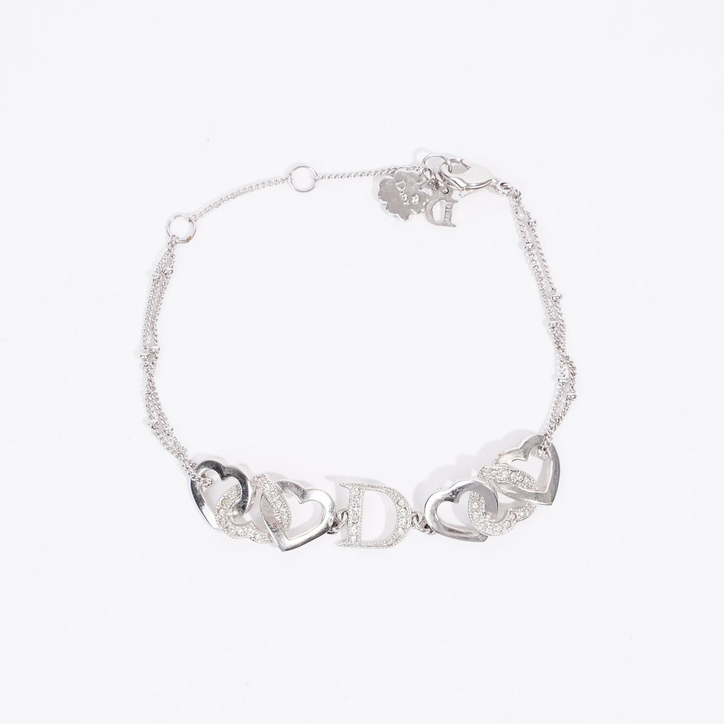 Christian Dior Dior Interlocking Silver Crystal Heart Bracelet Silver Base Metal 20cm